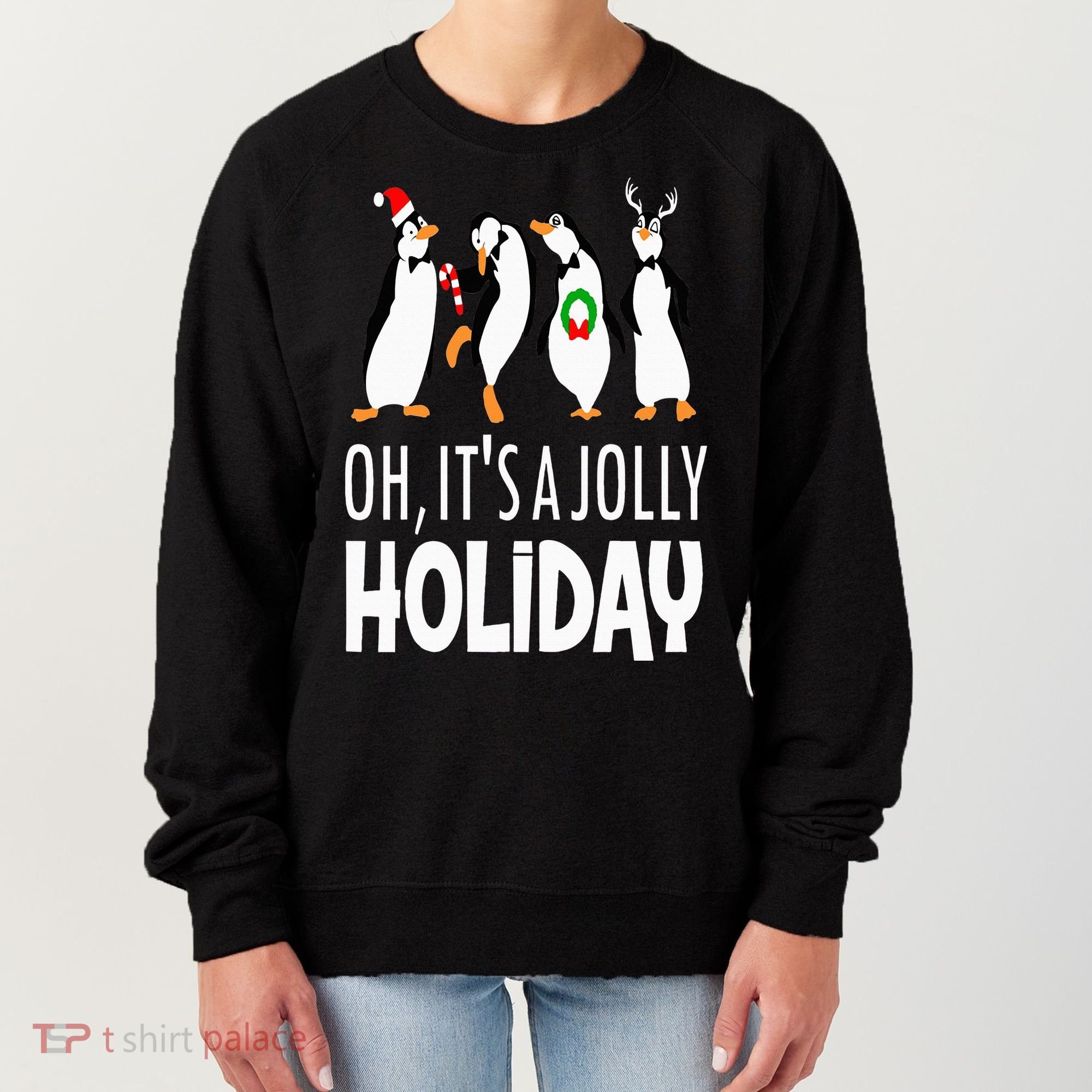 Oh It’s A Jolly a Holidays Christmas Penguin Box Santa Hat Women's Sweatshirt
