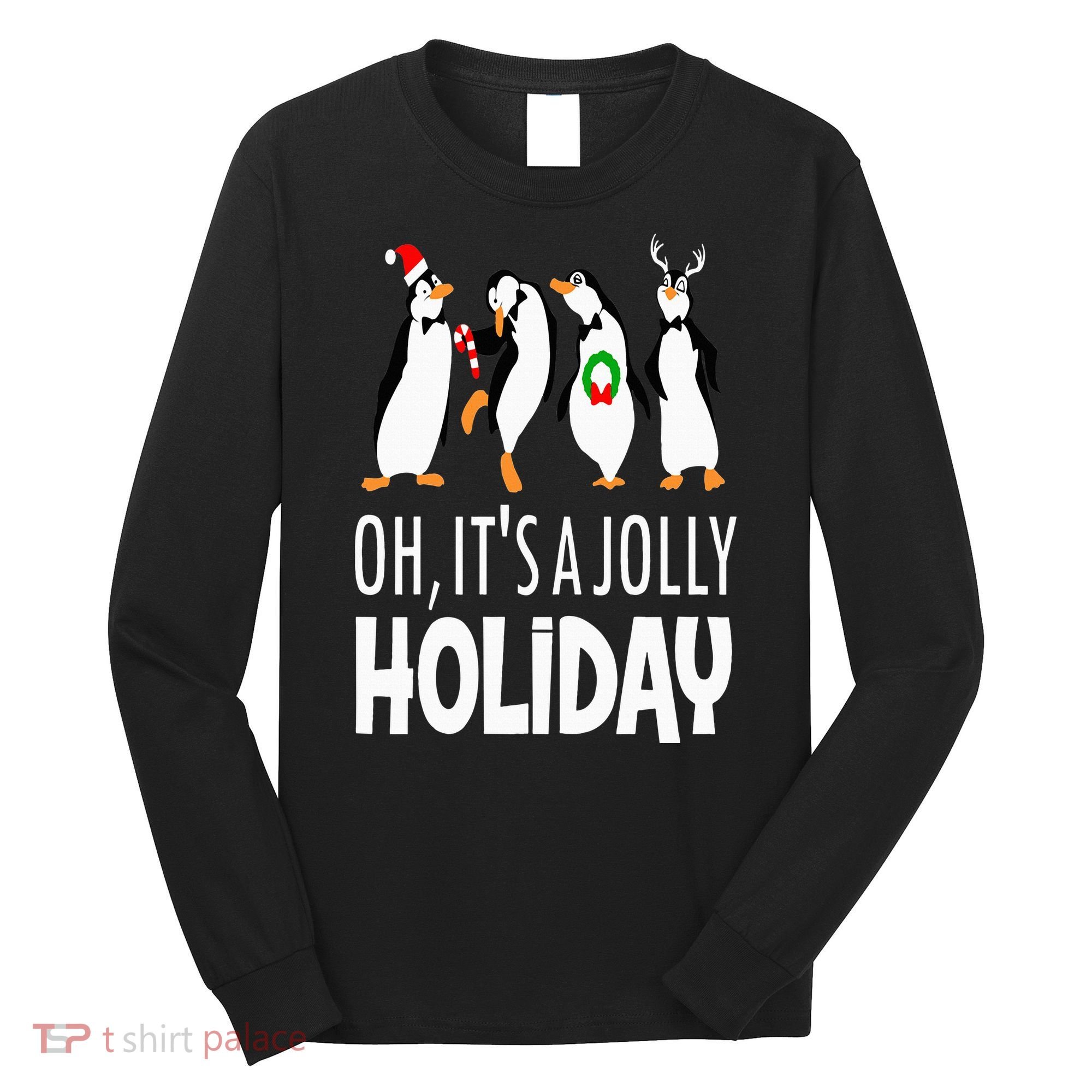 Oh It’s A Jolly a Holidays Christmas Penguin Box Santa Hat Long Sleeve Shirt