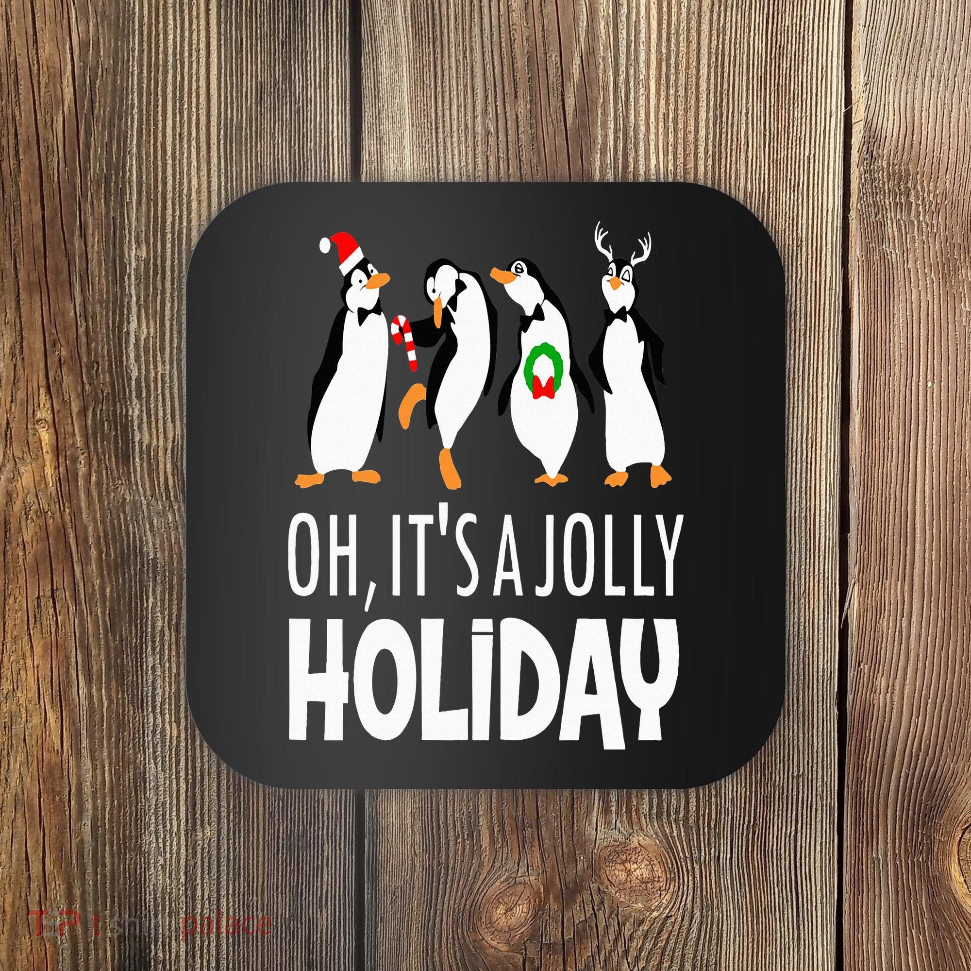 Oh It’s A Jolly a Holidays Christmas Penguin Box Santa Hat Coaster