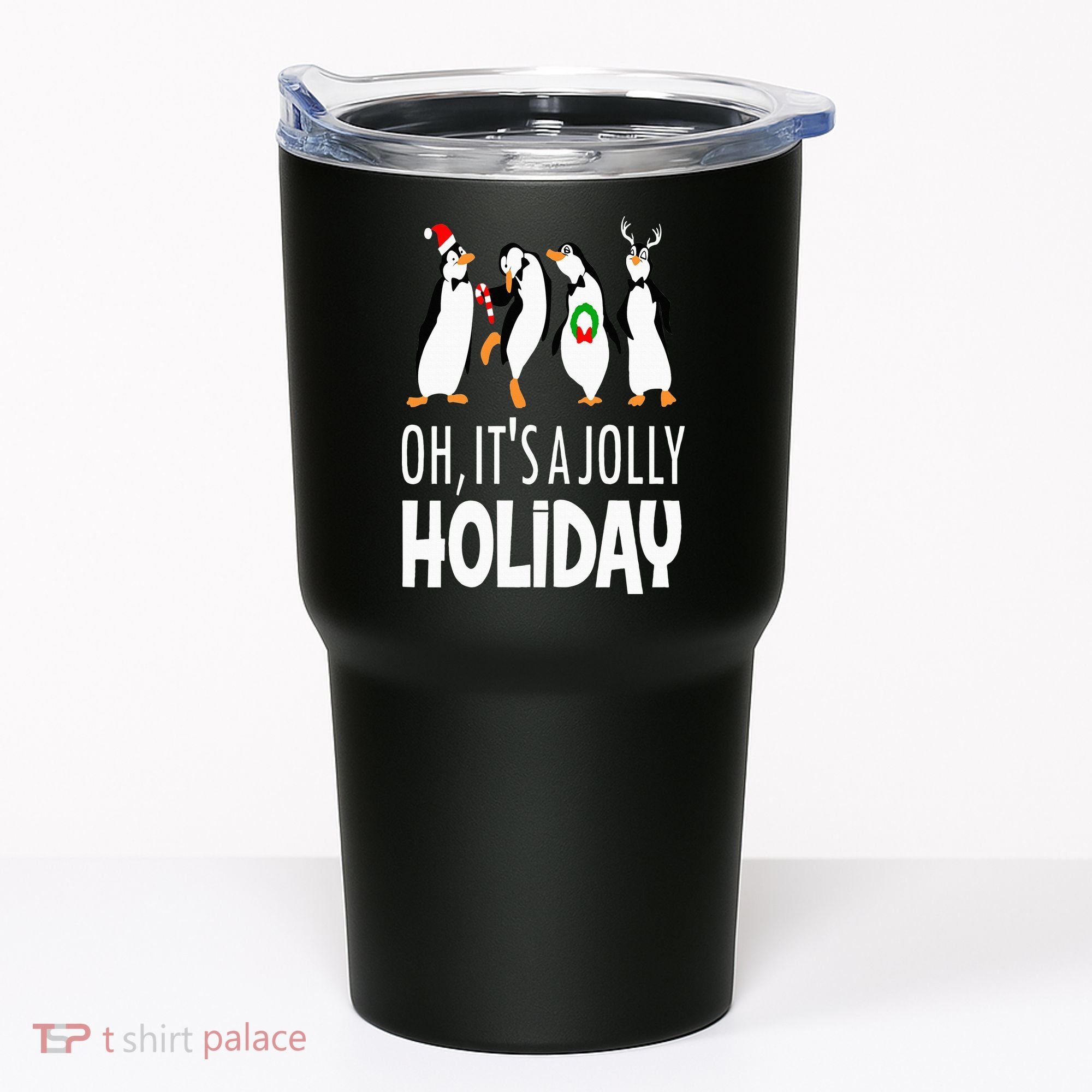 Oh It’s A Jolly a Holidays Christmas Penguin Box Santa Hat Tumbler