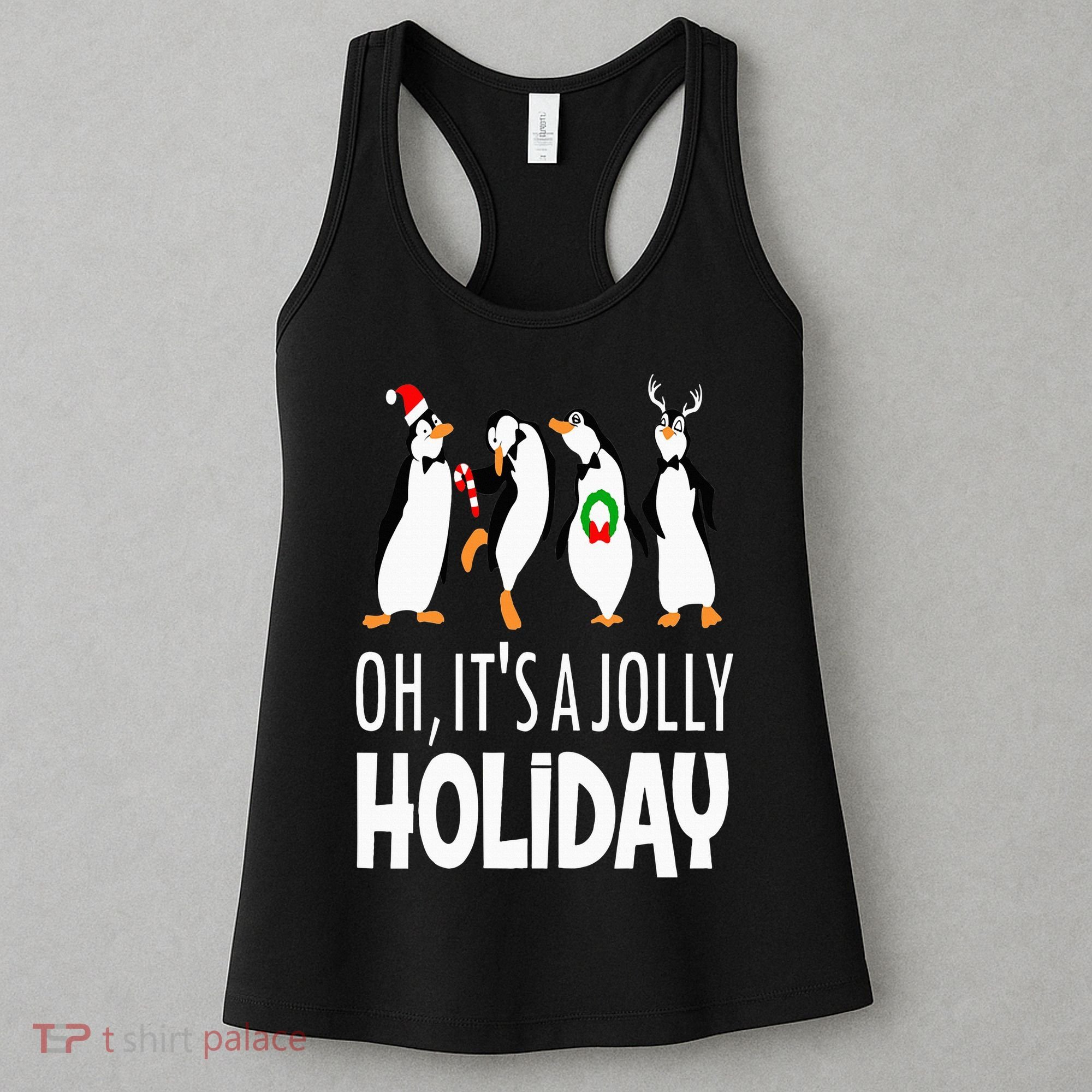 Oh It’s A Jolly a Holidays Christmas Penguin Box Santa Hat Women's Tank Top