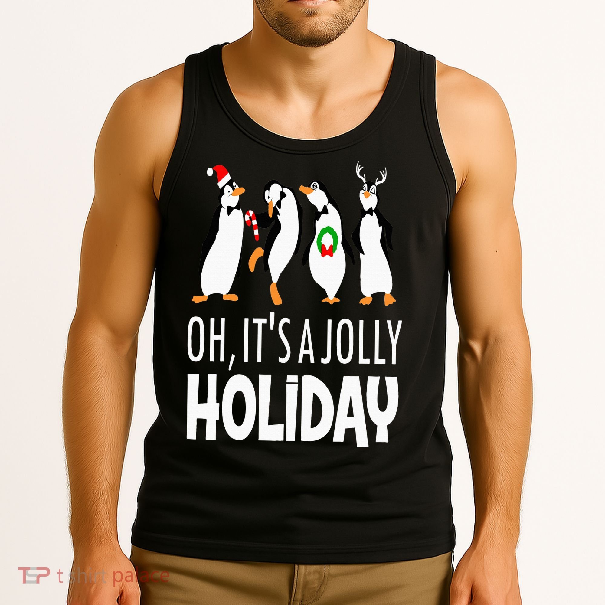 Oh It’s A Jolly a Holidays Christmas Penguin Box Santa Hat Tank Top