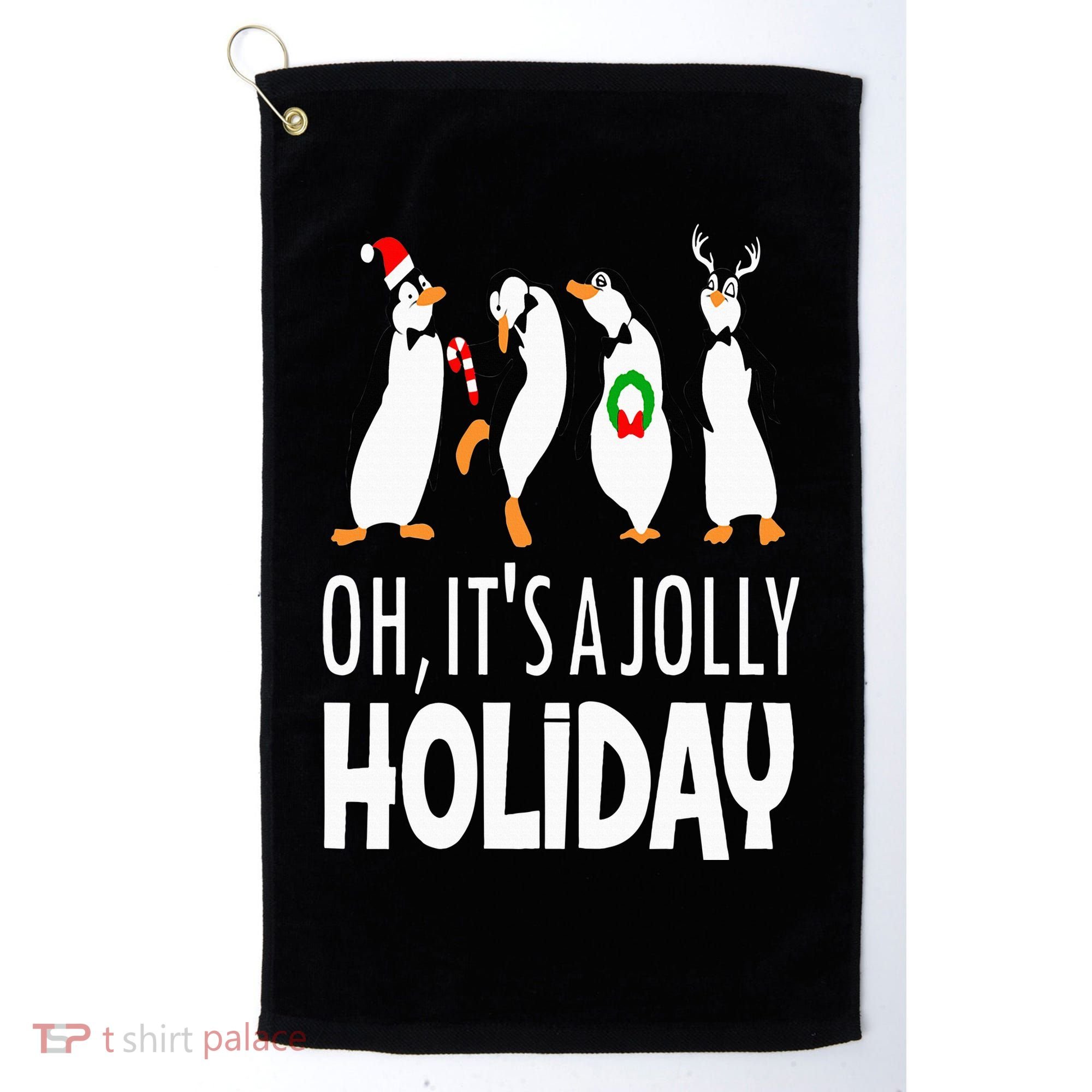 Oh It’s A Jolly a Holidays Christmas Penguin Box Santa Hat Golf Towel