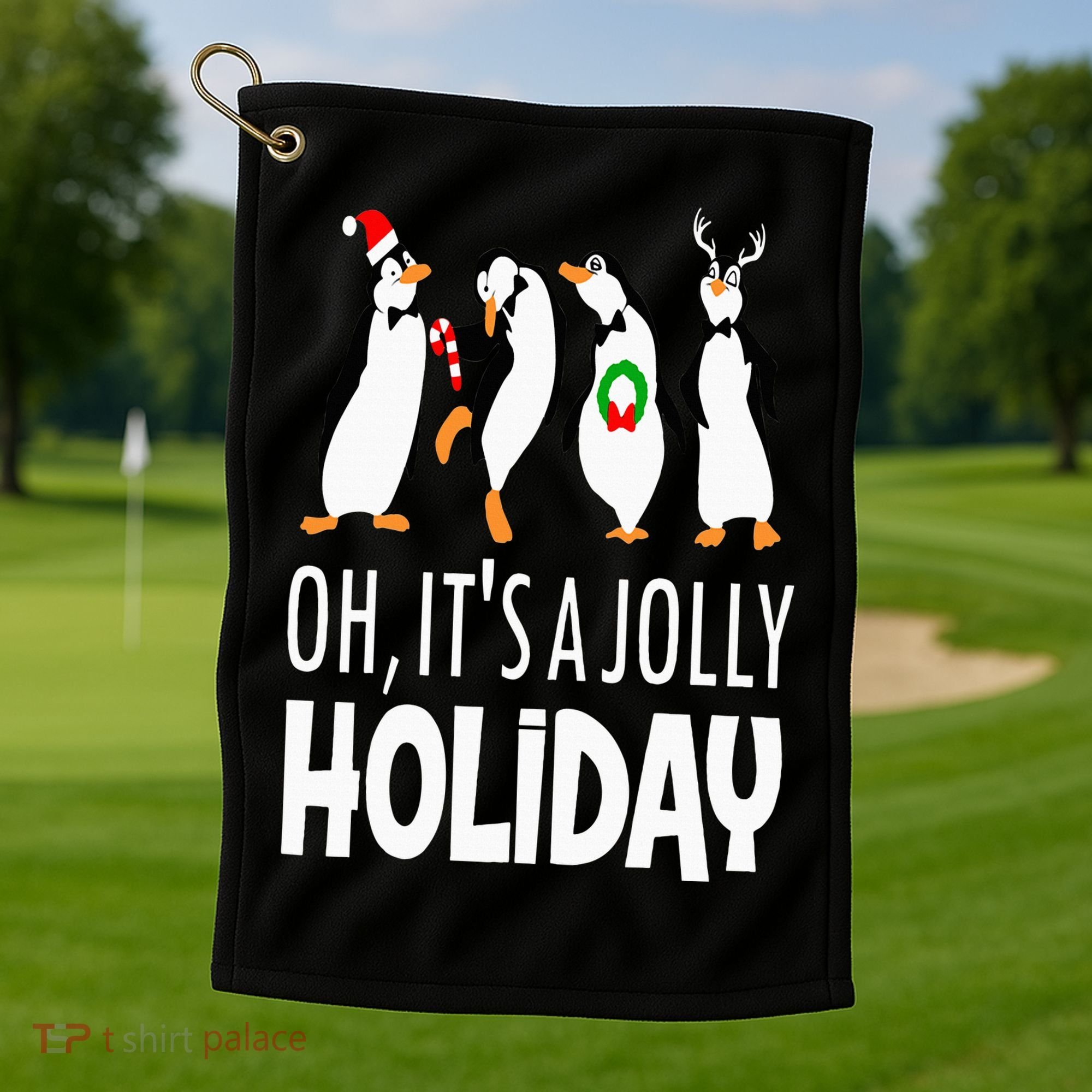 Oh It’s A Jolly a Holidays Christmas Penguin Box Santa Hat Golf Towel