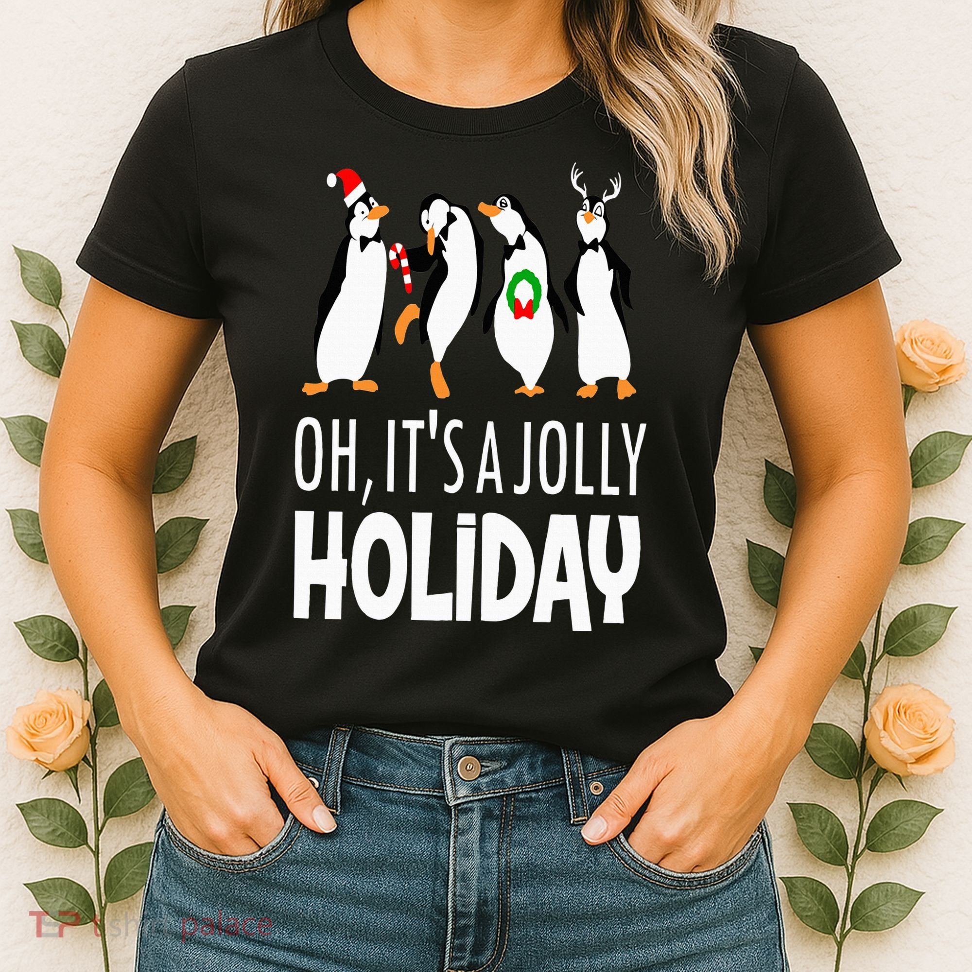 Oh It’s A Jolly a Holidays Christmas Penguin Box Santa Hat Women's T-Shirt