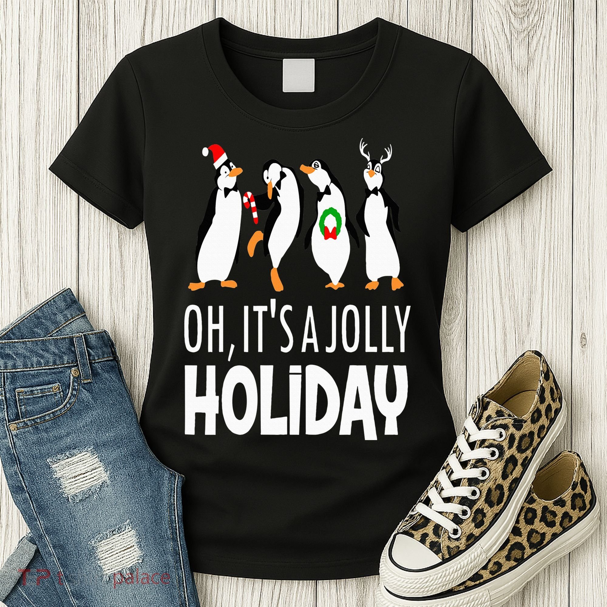 Oh It’s A Jolly a Holidays Christmas Penguin Box Santa Hat Women's T-Shirt