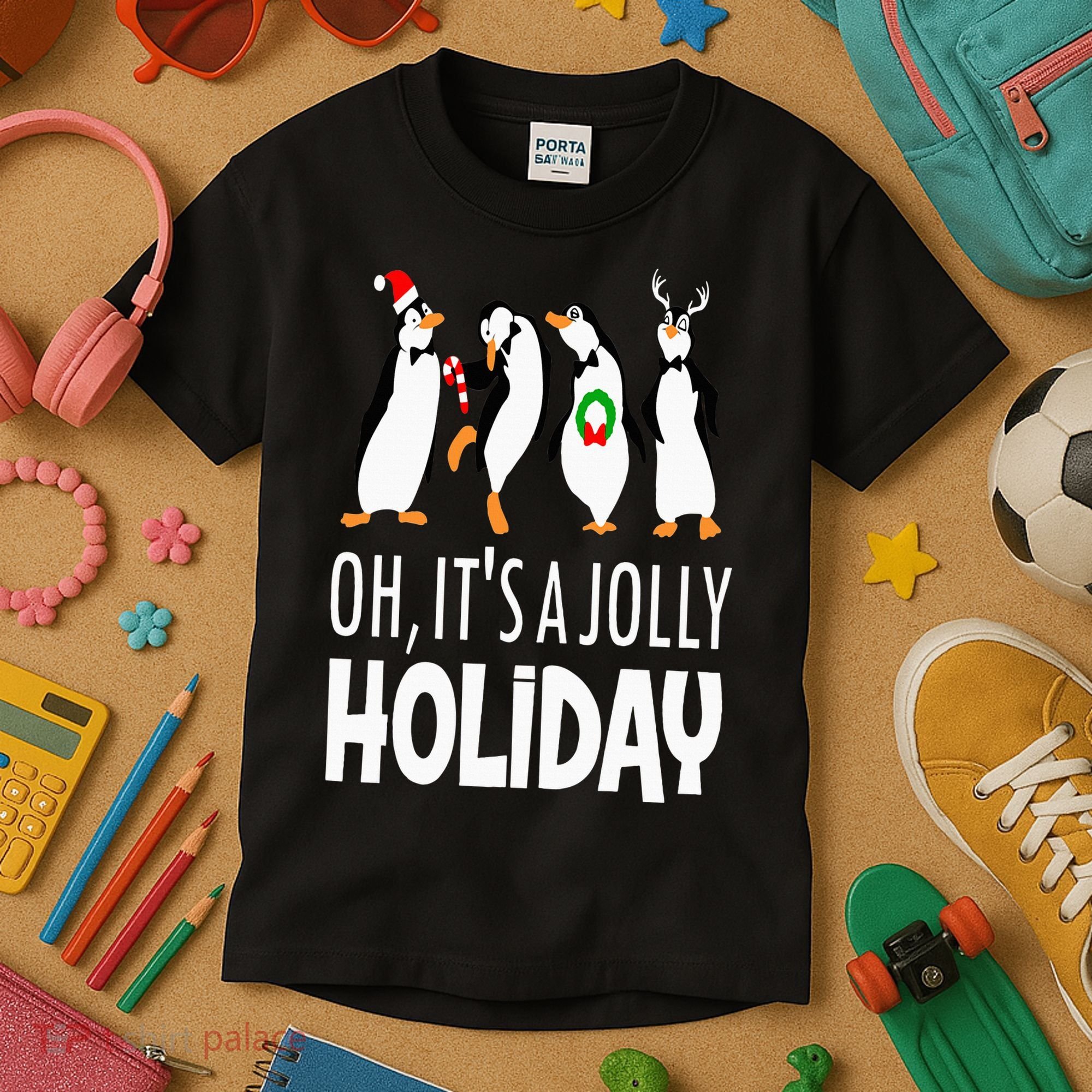 Oh It’s A Jolly a Holidays Christmas Penguin Box Santa Hat Kids T-Shirt
