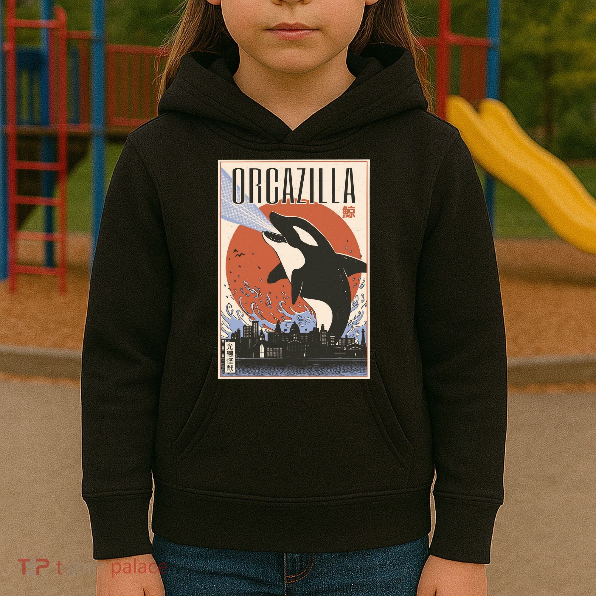Orcazilla Japanese Poster Orca Kids Hoodie