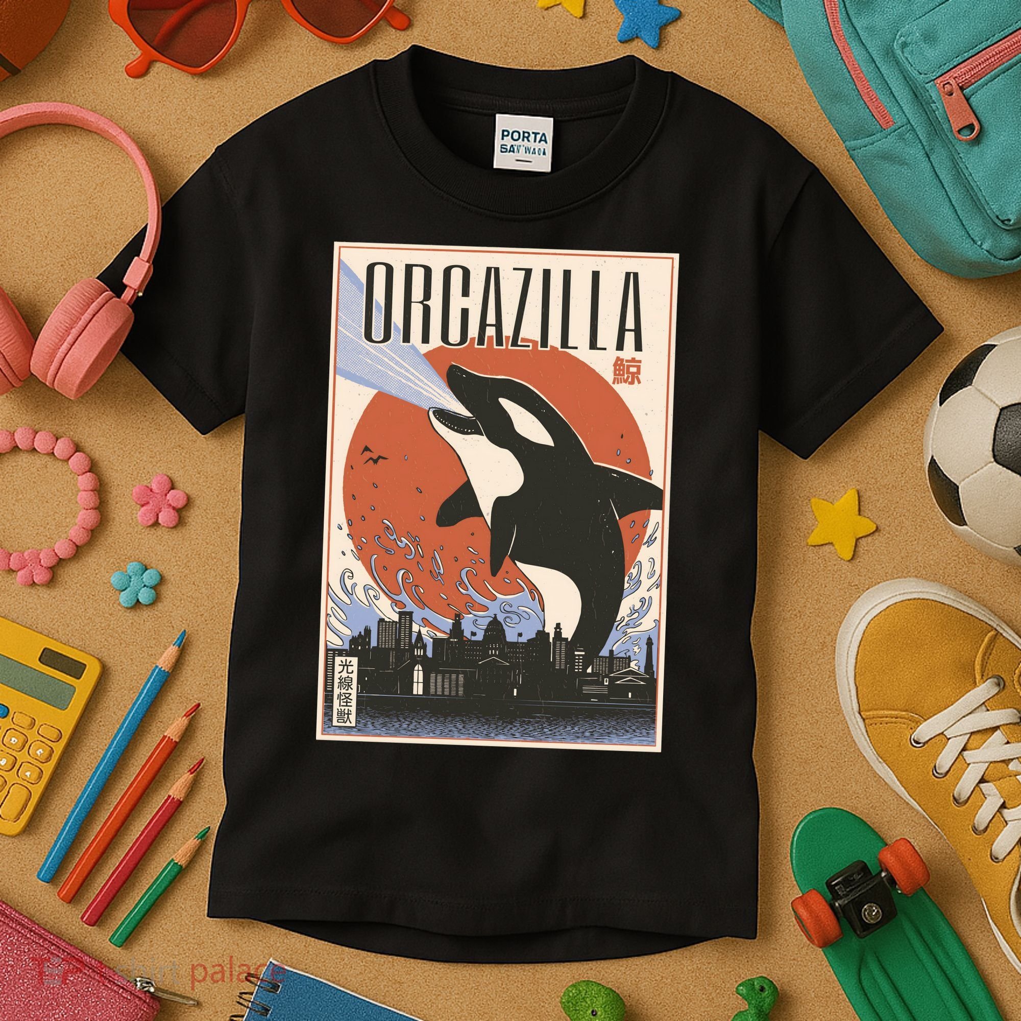 Orcazilla Japanese Poster Orca Kids T-Shirt