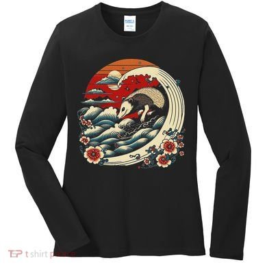 Opossum Japanese Wave Vintage Possum Lover Women's Long Sleeve Shirt