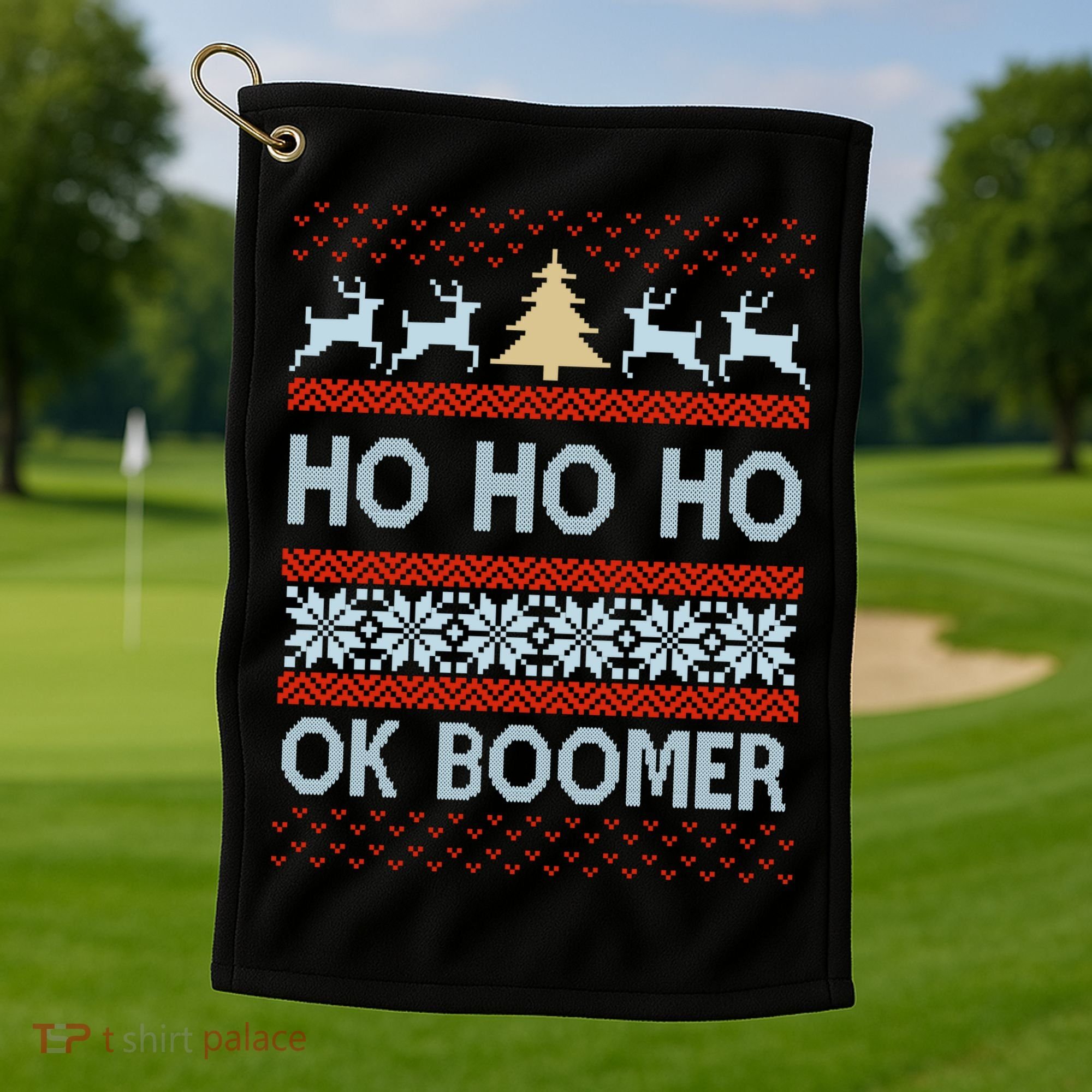 Ok Boomer Funny Ugly Christmas Sweater Ho Ho Ho  Golf Towel