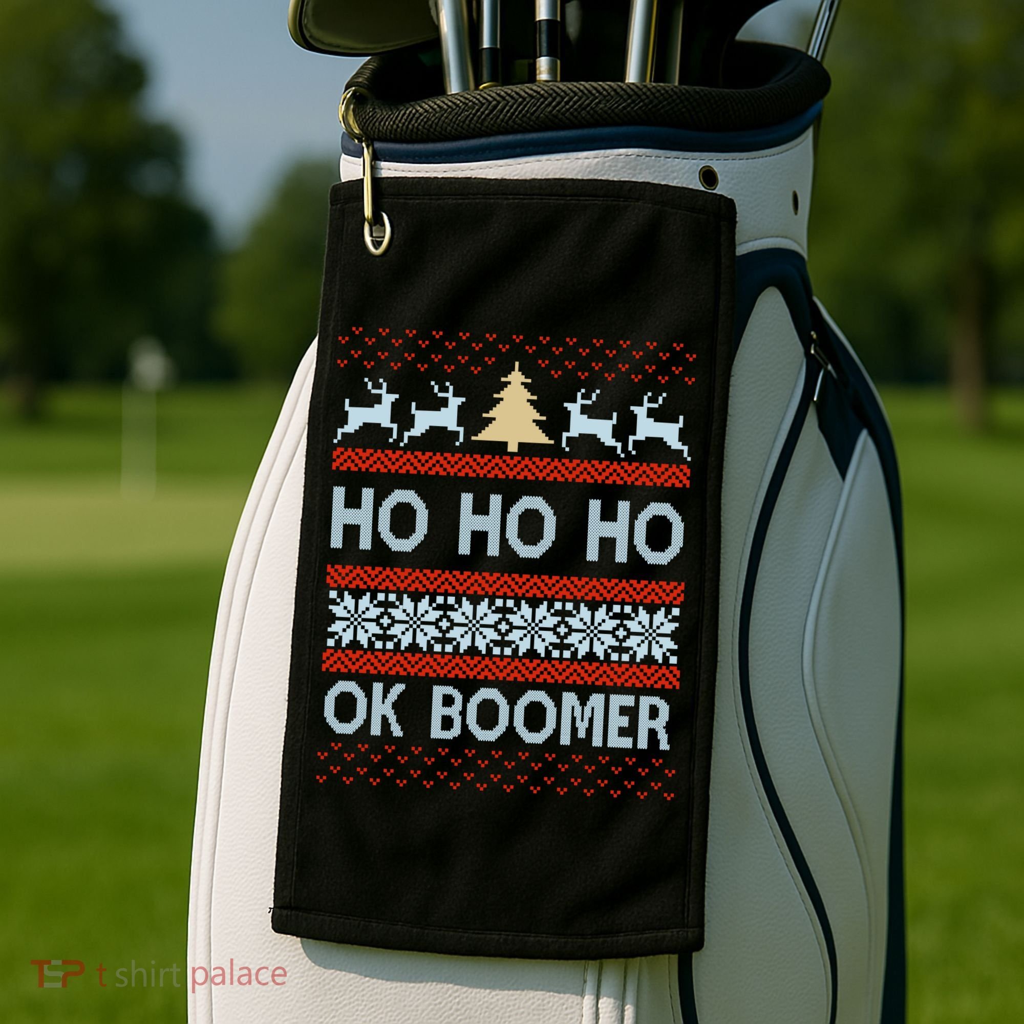 Ok Boomer Funny Ugly Christmas Sweater Ho Ho Ho  Golf Towel