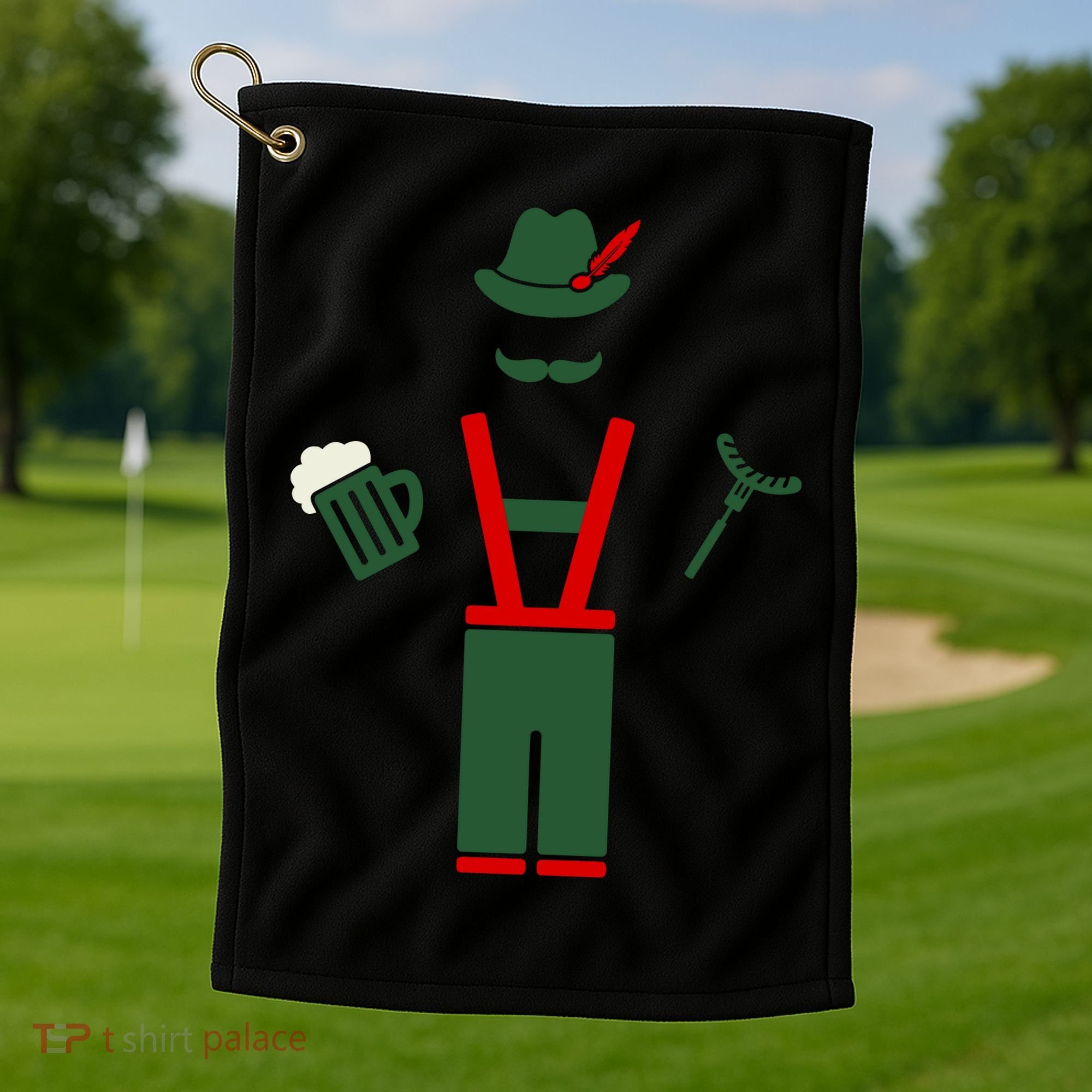 Oktoberfest Mustache Lederhosen Beer & Sausage Icon Golf Towel