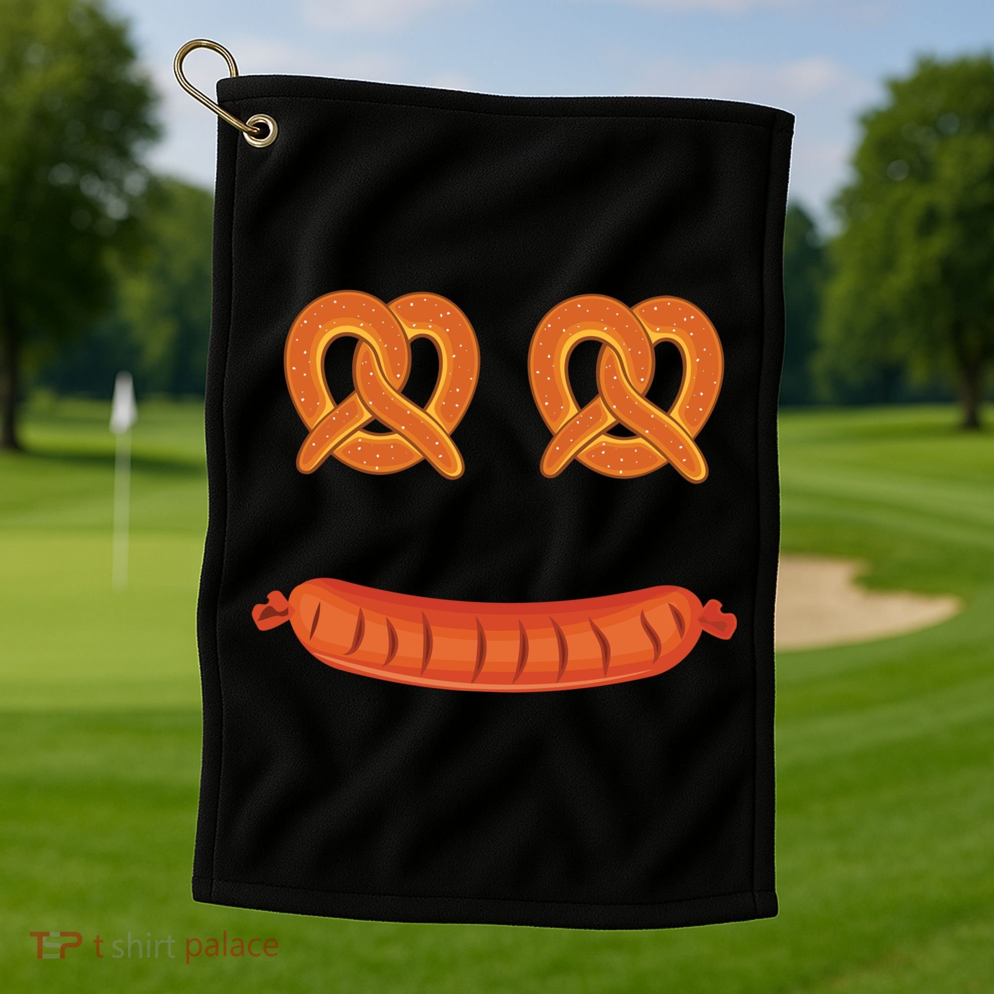 Oktoberfest Pretzel Sausage Smiley Face Golf Towel