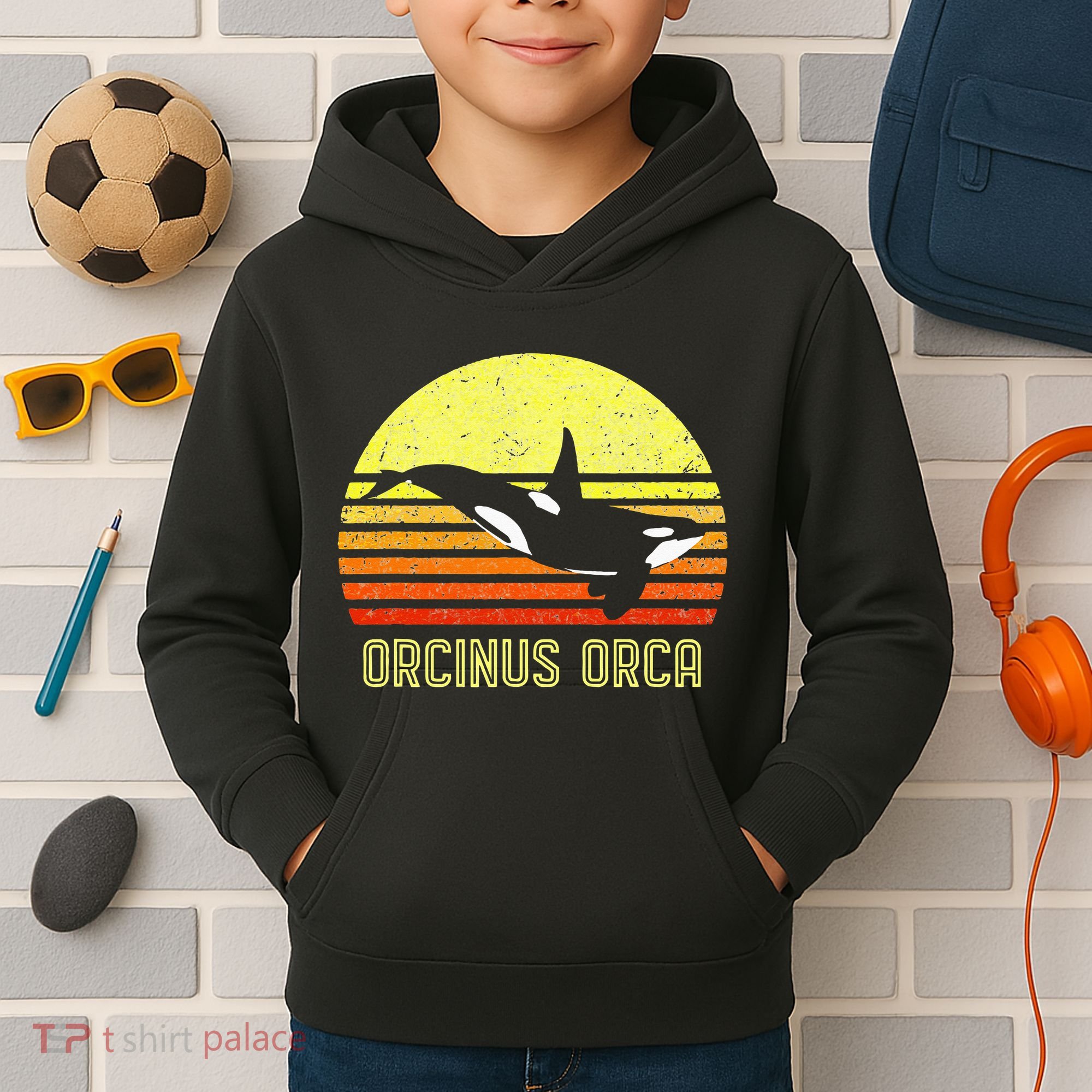 Orca Killer Whale Dolphin Marine Science Biologist Retro Sun Kids Hoodie