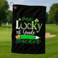 One Lucky 1st Grade Teacher St PatrickS Day Pencil Leopard Golf Towel thumb 1