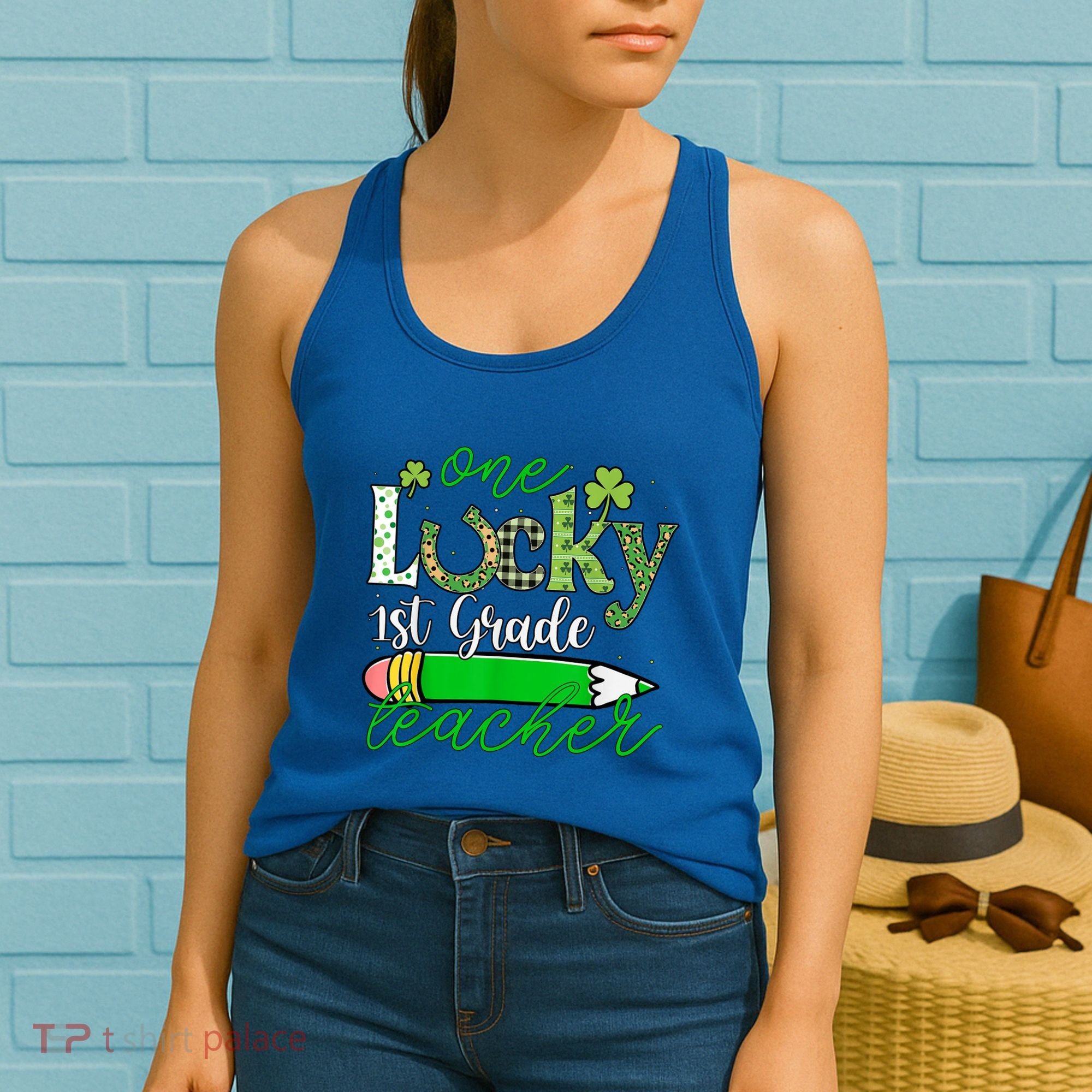 One Lucky 1st Grade Teacher St PatrickS Day Pencil Leopard Women's Tank Top