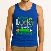 One Lucky 1st Grade Teacher St PatrickS Day Pencil Leopard Tank Top thumb 3