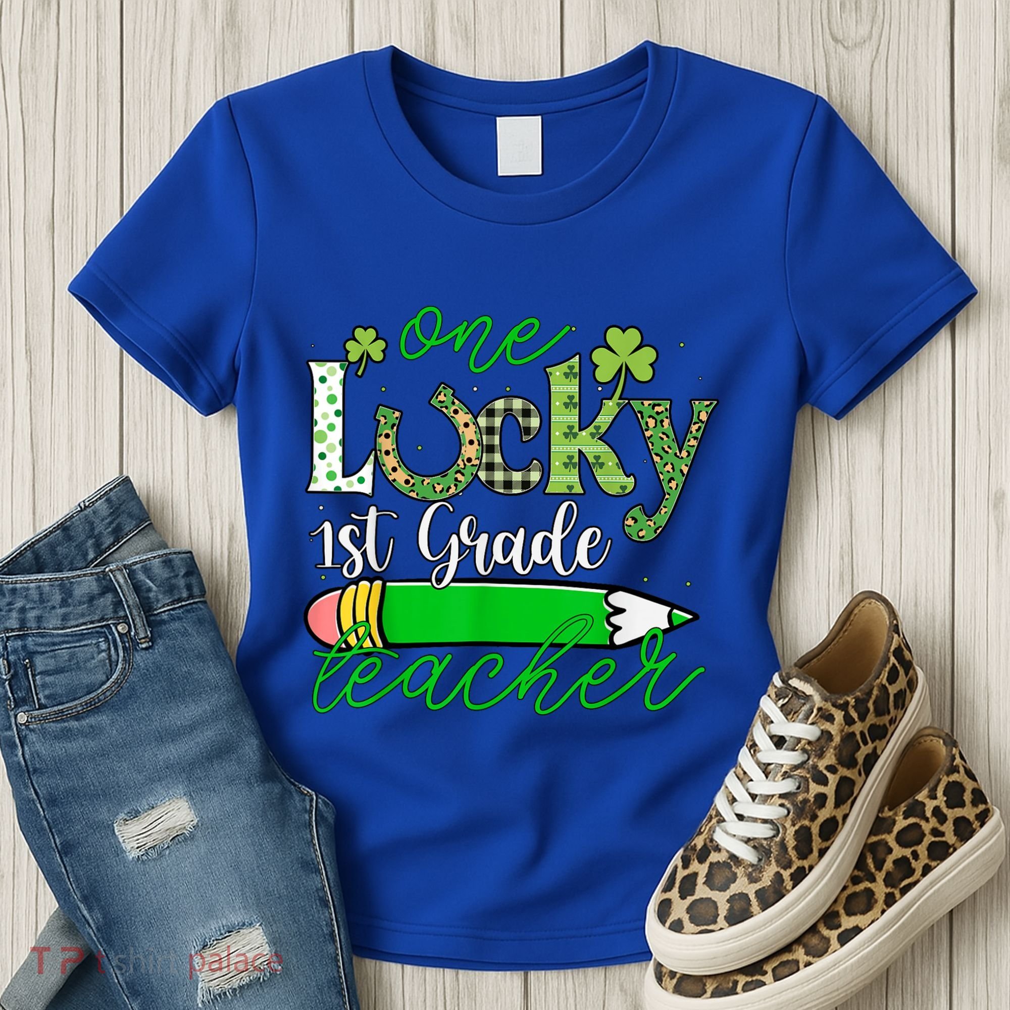One Lucky 1st Grade Teacher St PatrickS Day Pencil Leopard Women's T-Shirt