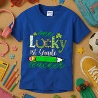 One Lucky 1st Grade Teacher St PatrickS Day Pencil Leopard Kids T-Shirt thumb 3