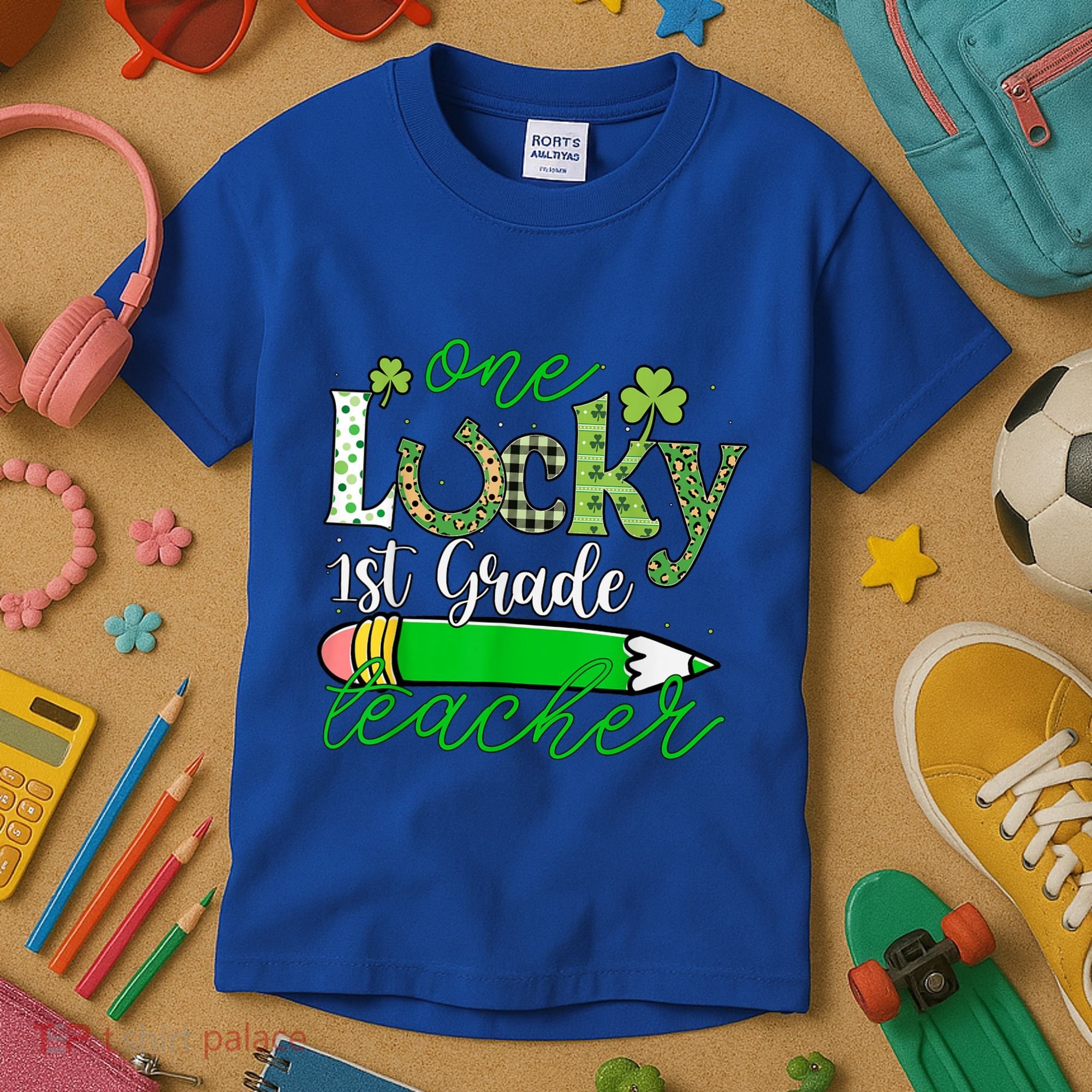 One Lucky 1st Grade Teacher St PatrickS Day Pencil Leopard Kids T-Shirt