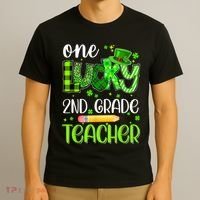 One Lucky 2nd Grade Teacher Pencil Shamrock St Patricks Day T-Shirt thumb 3