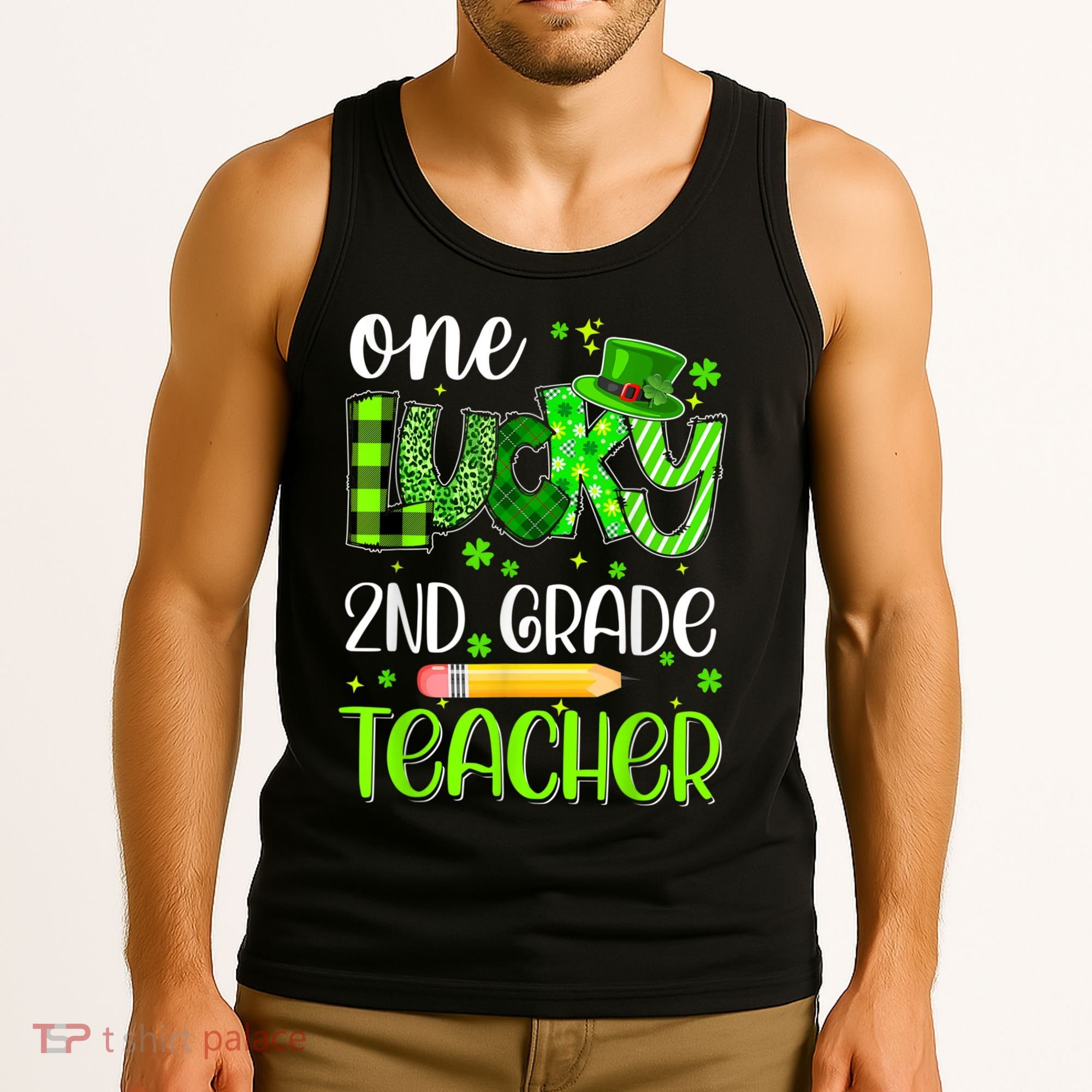 One Lucky 2nd Grade Teacher Pencil Shamrock St Patricks Day Tank Top