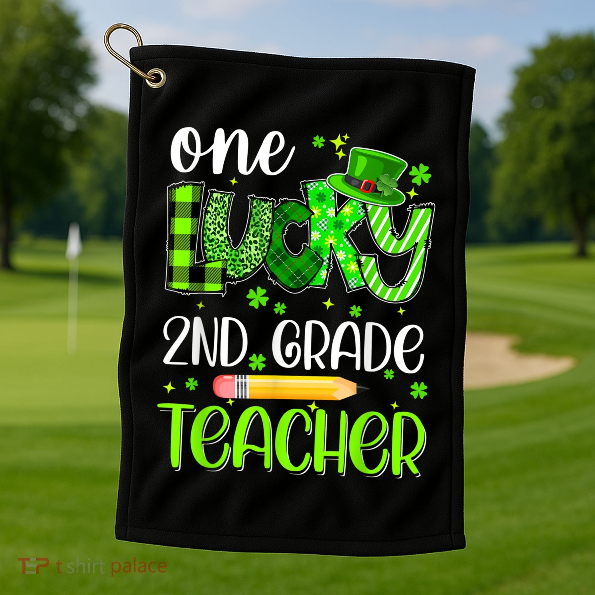 One Lucky 2nd Grade Teacher Pencil Shamrock St Patricks Day Golf Towel