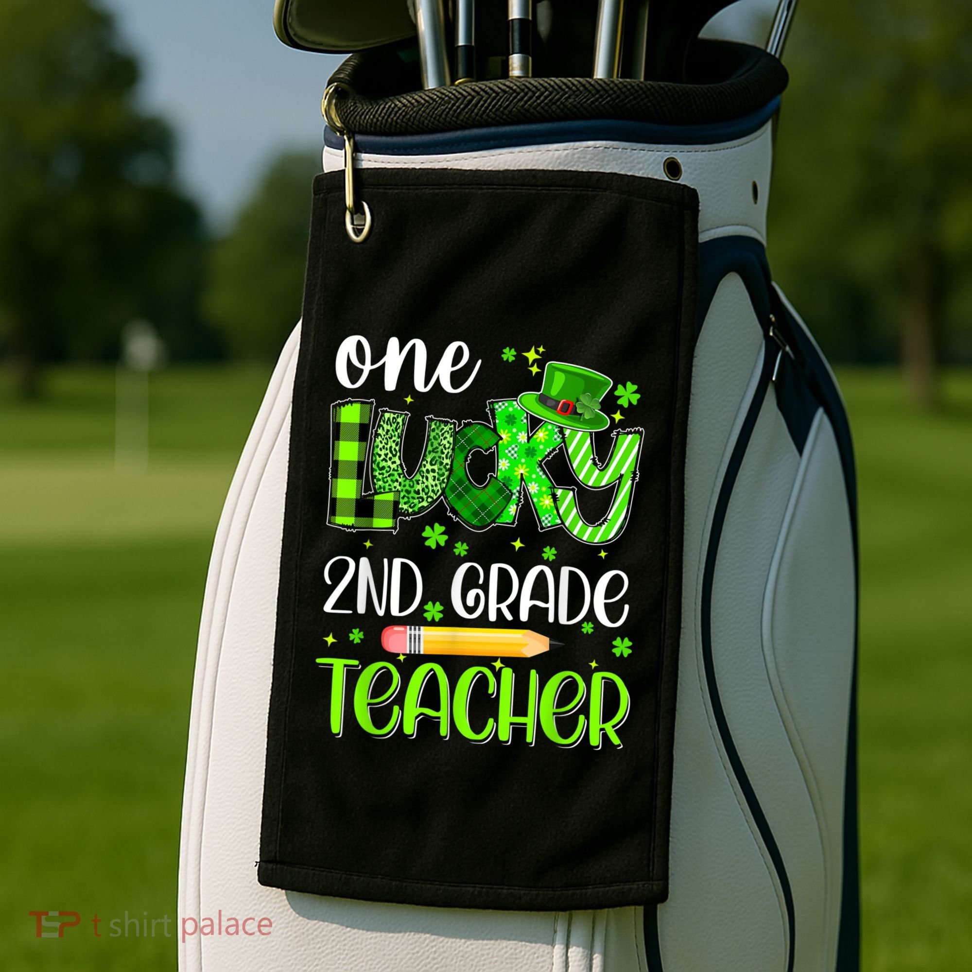 One Lucky 2nd Grade Teacher Pencil Shamrock St Patricks Day Golf Towel