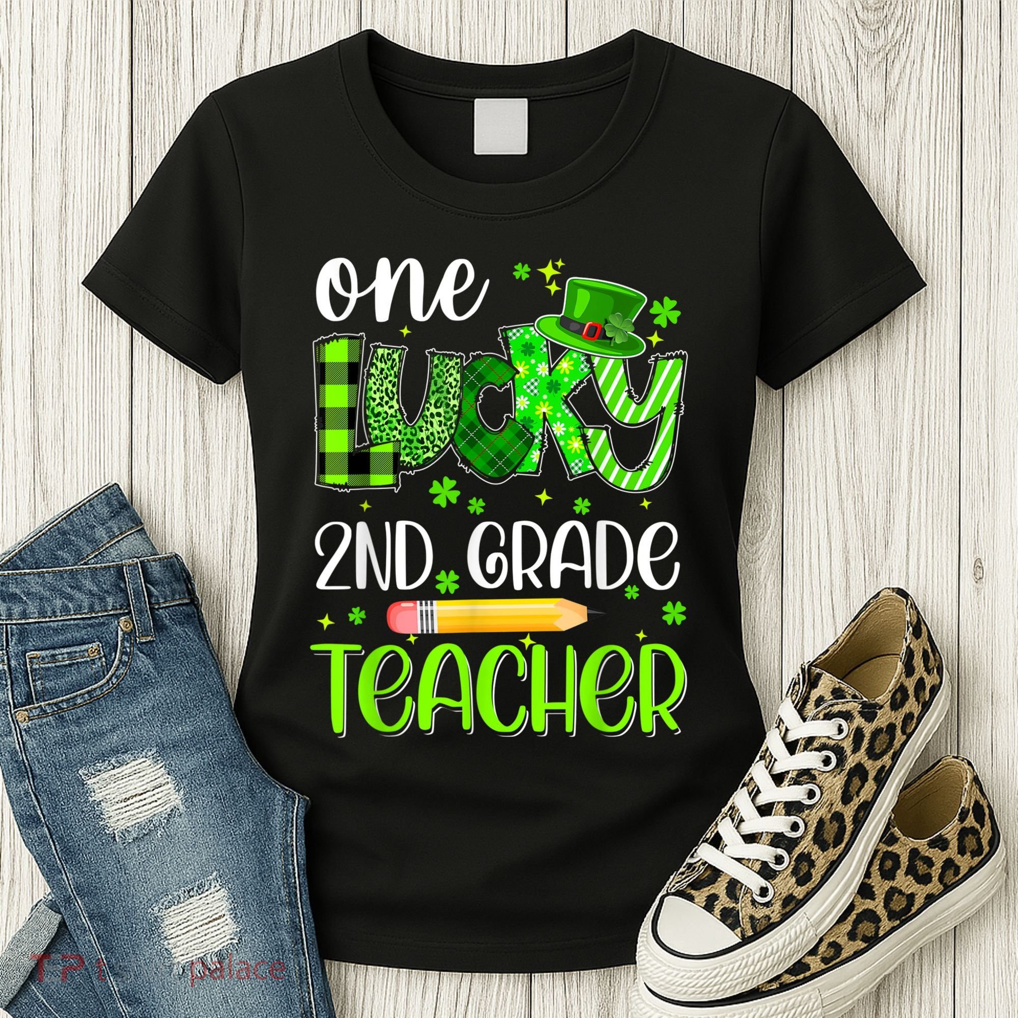 One Lucky 2nd Grade Teacher Pencil Shamrock St Patricks Day Women's T-Shirt