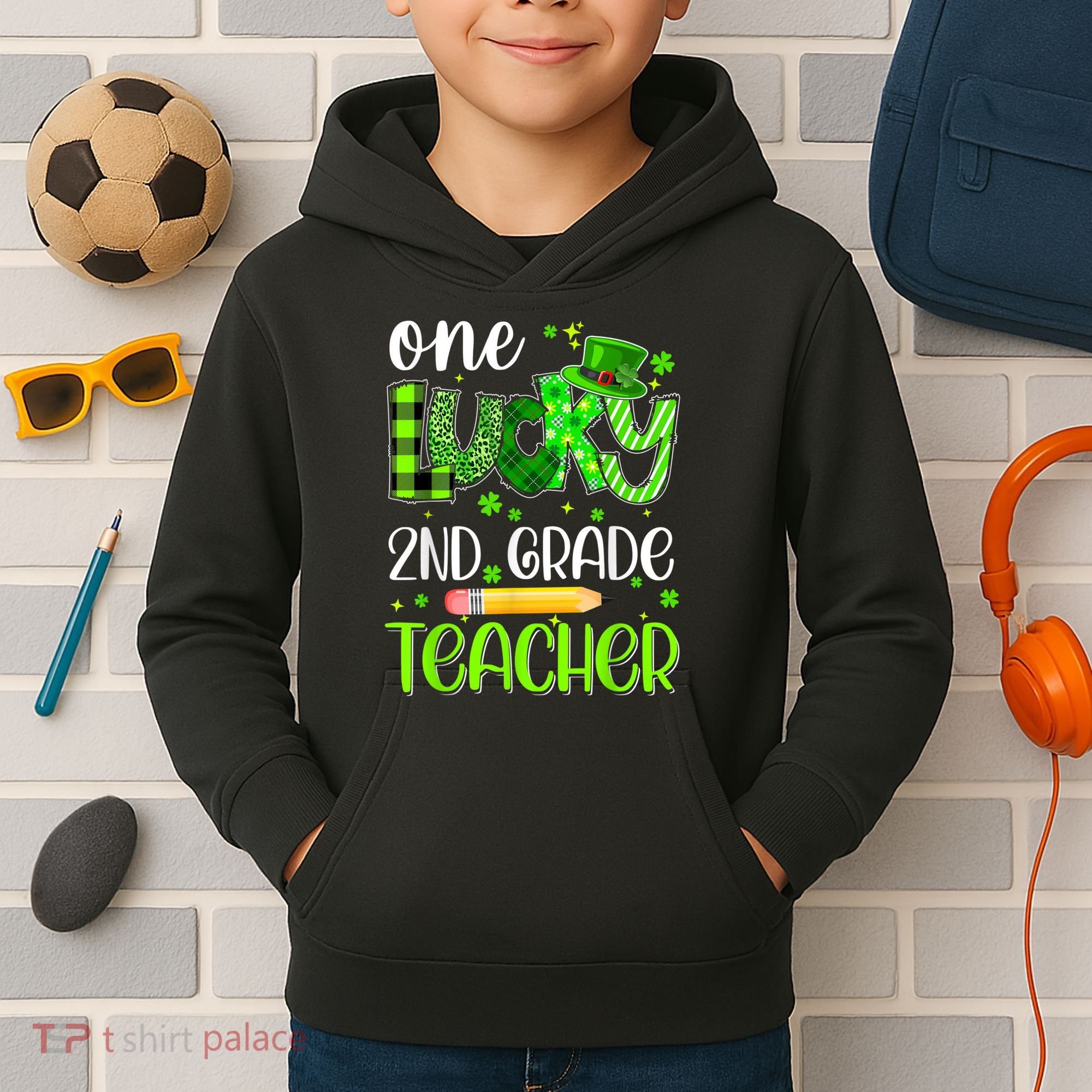 One Lucky 2nd Grade Teacher Pencil Shamrock St Patricks Day Kids Hoodie