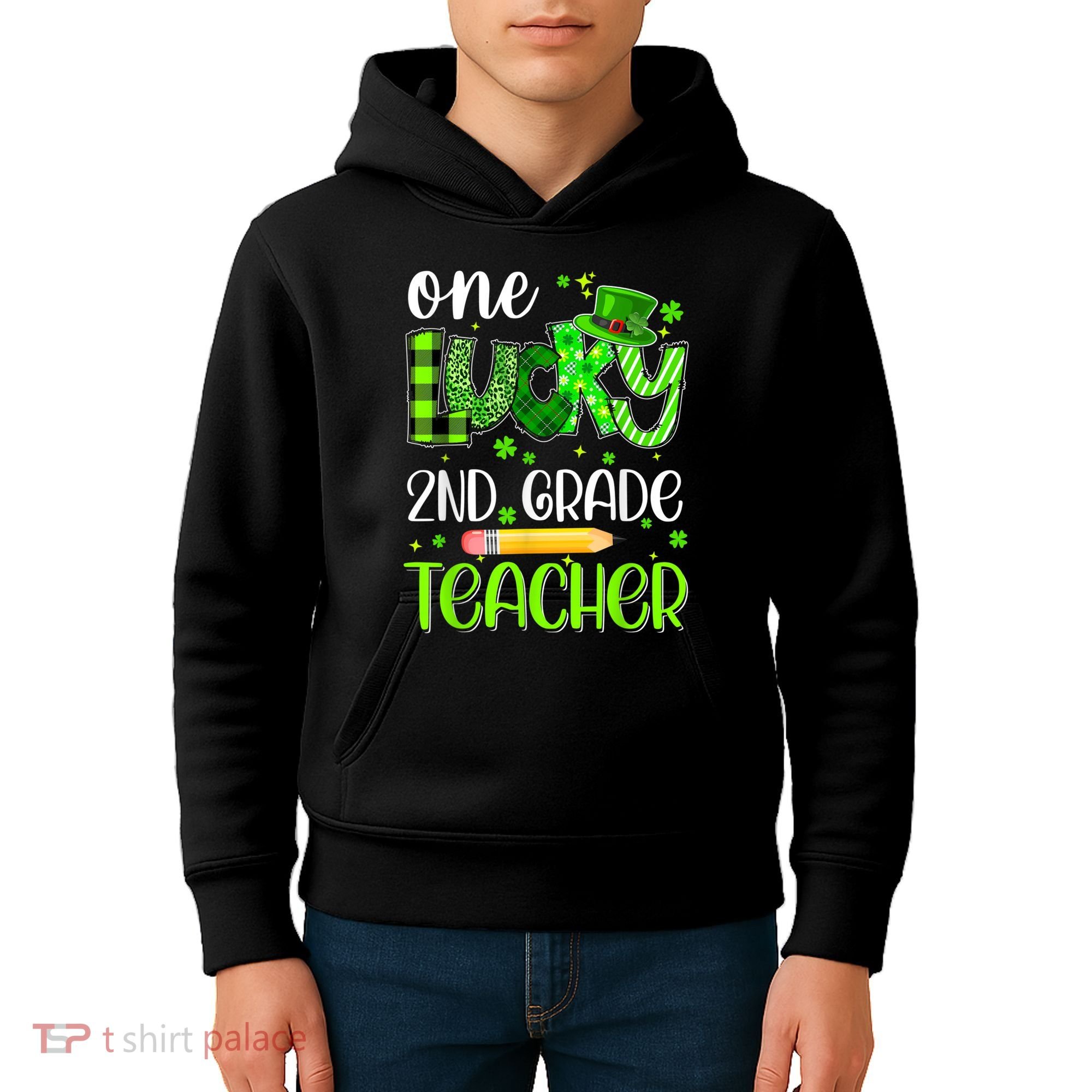 One Lucky 2nd Grade Teacher Pencil Shamrock St Patricks Day Kids Hoodie