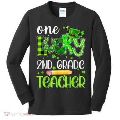 One Lucky 2nd Grade Teacher Pencil Shamrock St Patricks Day Kids Long Sleeve Shirt