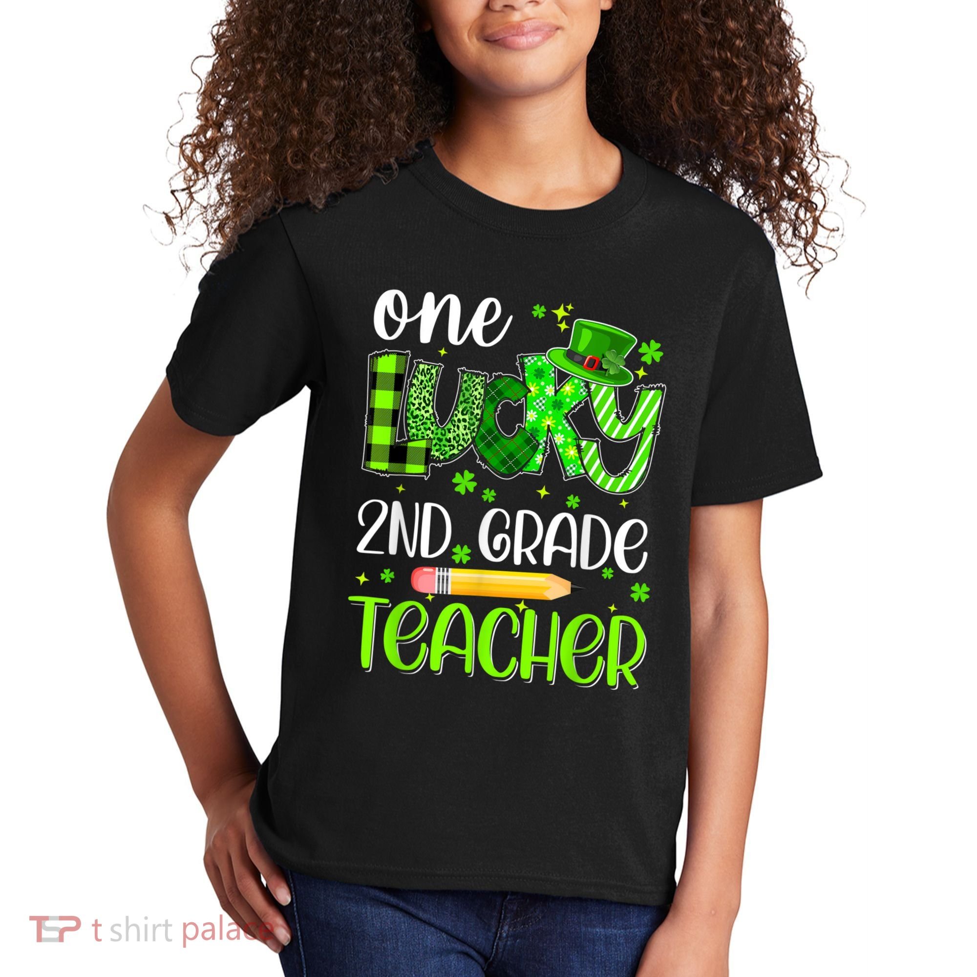 One Lucky 2nd Grade Teacher Pencil Shamrock St Patricks Day Kids T-Shirt