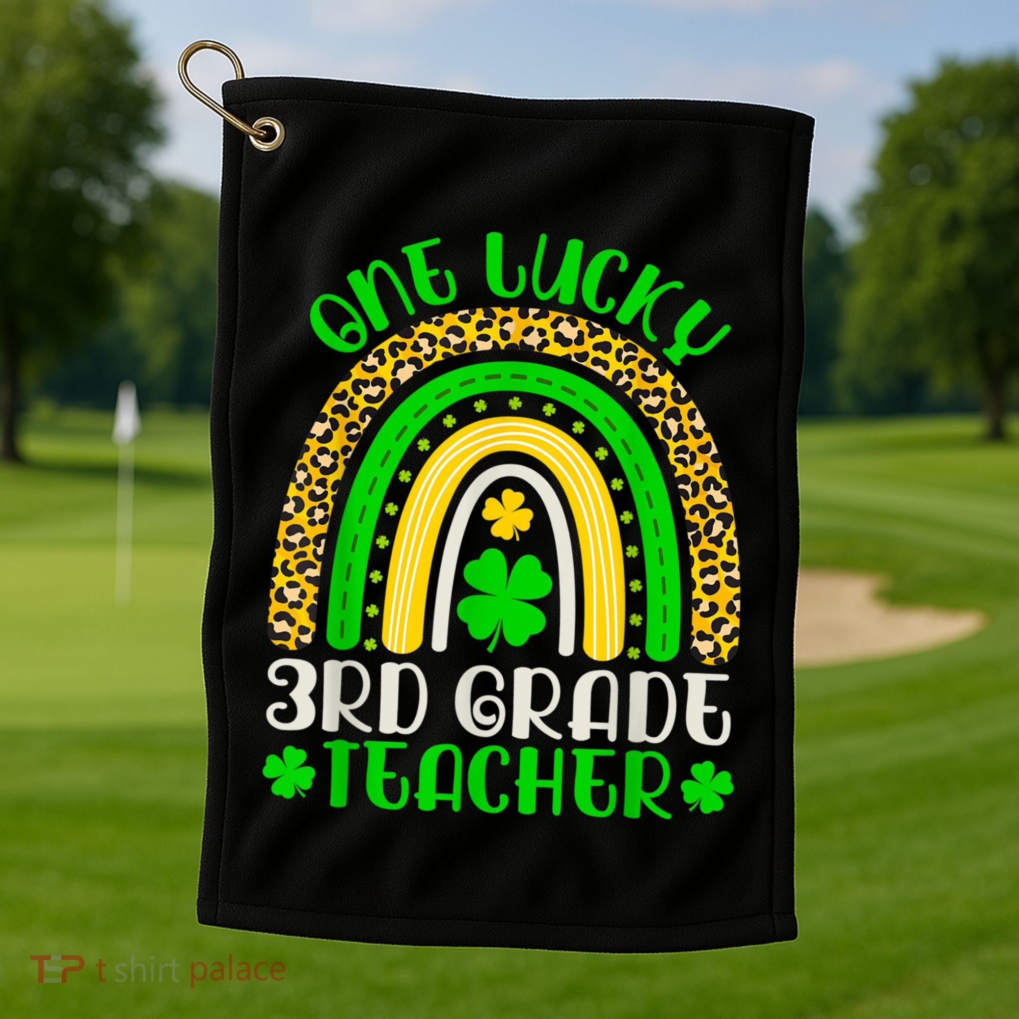 One Lucky 3rd Grade Teacher Leopard Rainbow St. Patricks Golf Towel