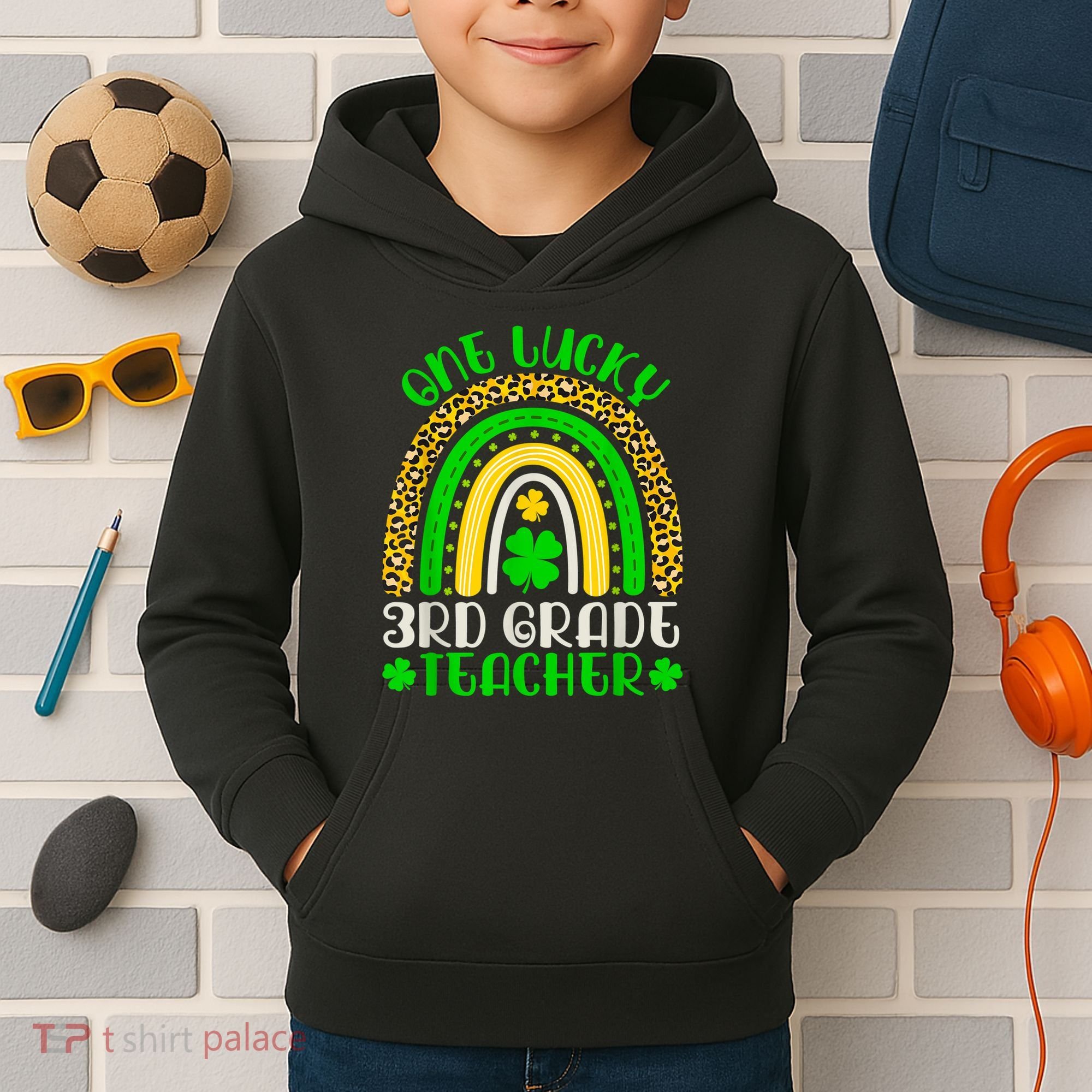 One Lucky 3rd Grade Teacher Leopard Rainbow St. Patricks Kids Hoodie