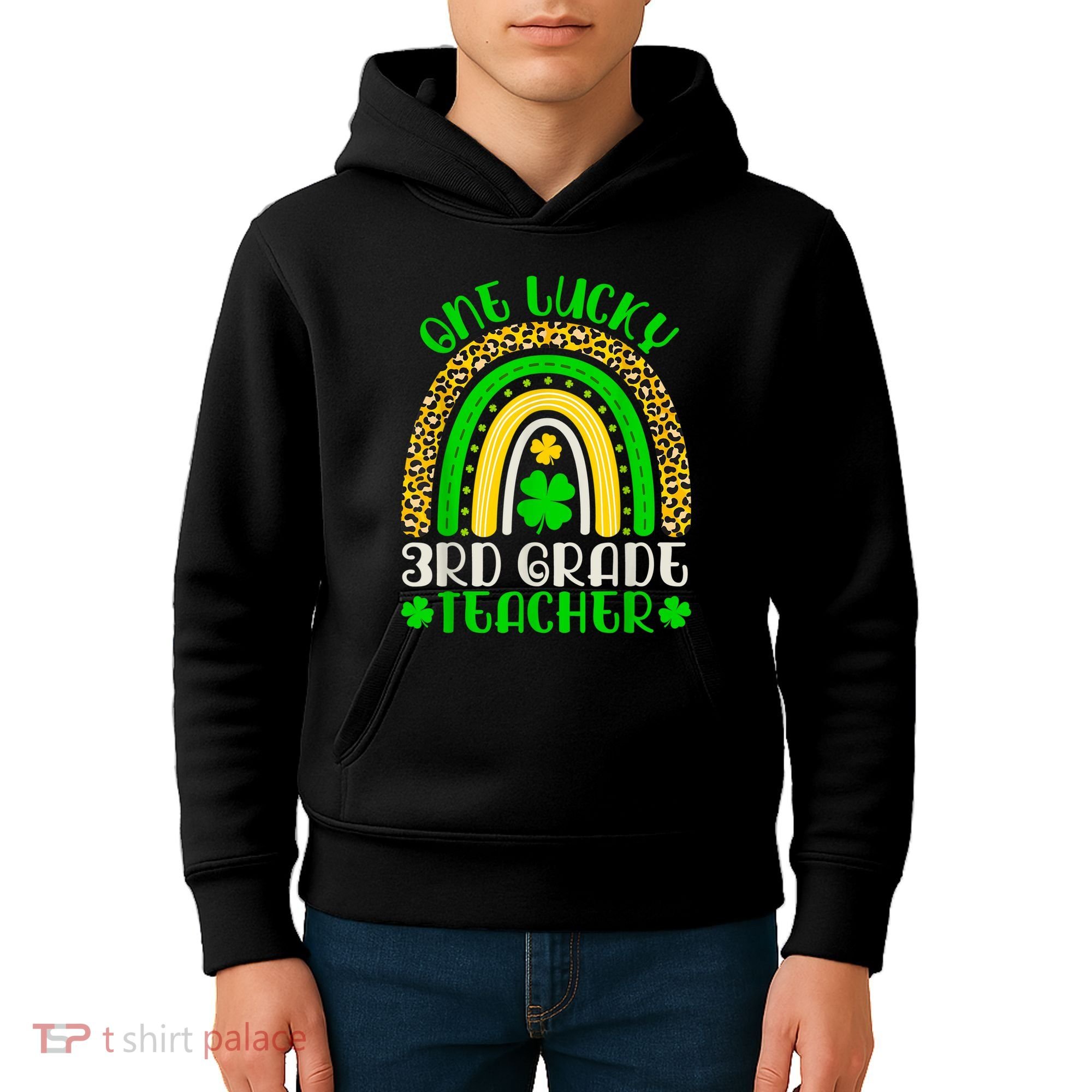One Lucky 3rd Grade Teacher Leopard Rainbow St. Patricks Kids Hoodie