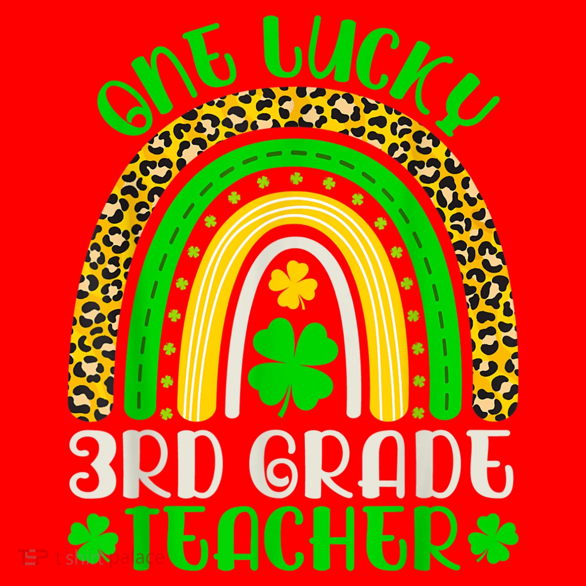 One Lucky 3rd Grade Teacher Leopard Rainbow St. Patricks Santa Hat