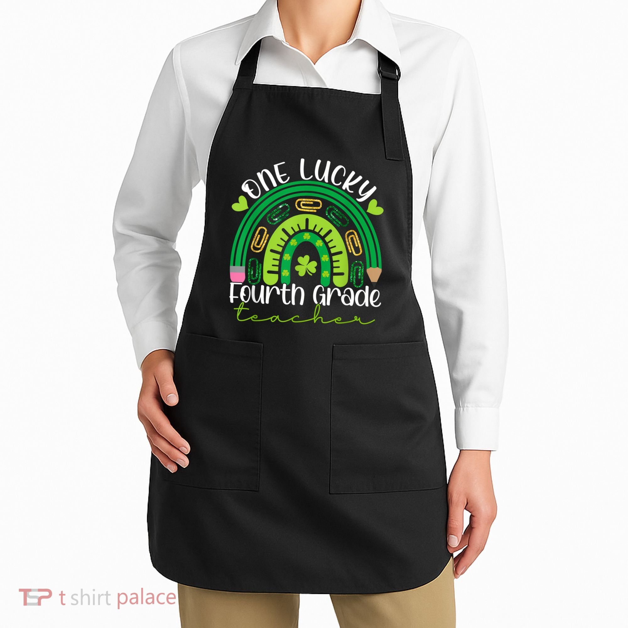 One Lucky 4th Grade Teacher Rainbow St Patrick Day Women Apron