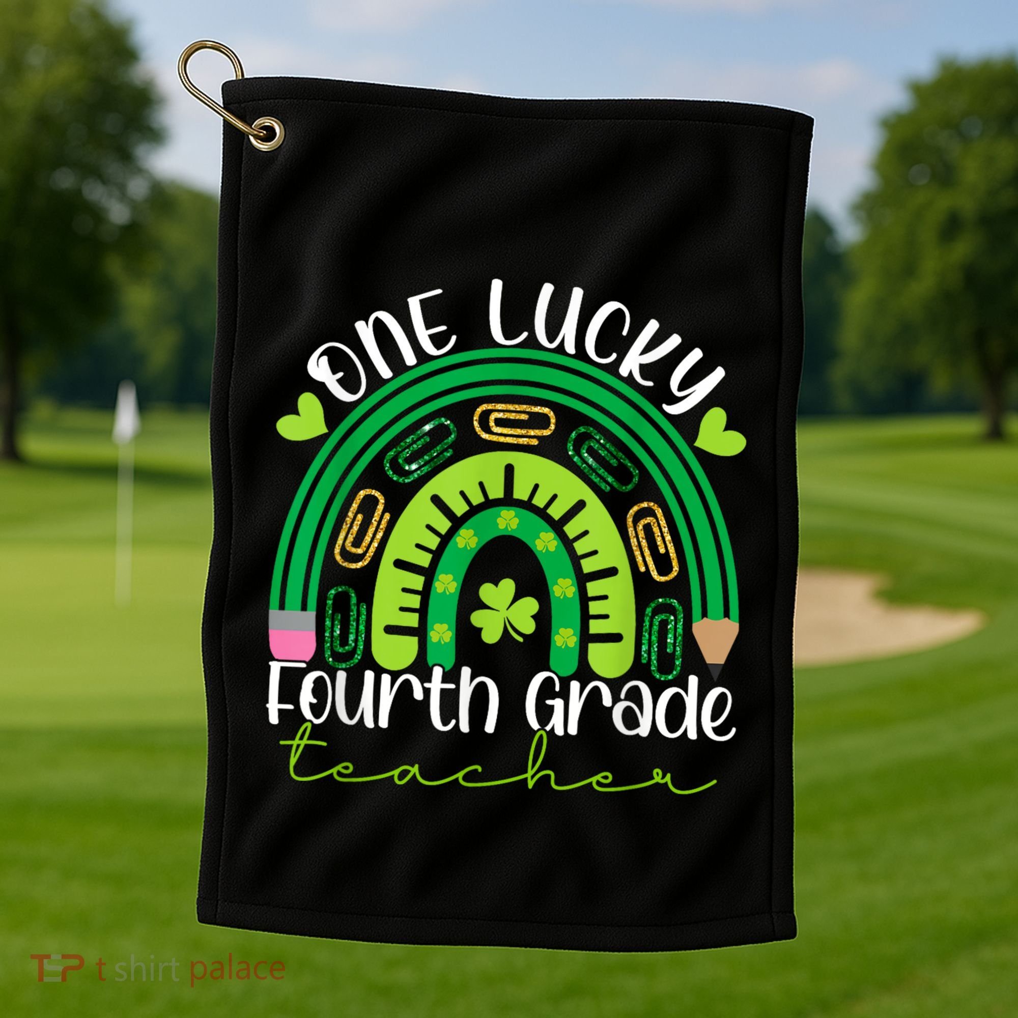 One Lucky 4th Grade Teacher Rainbow St Patrick Day Golf Towel