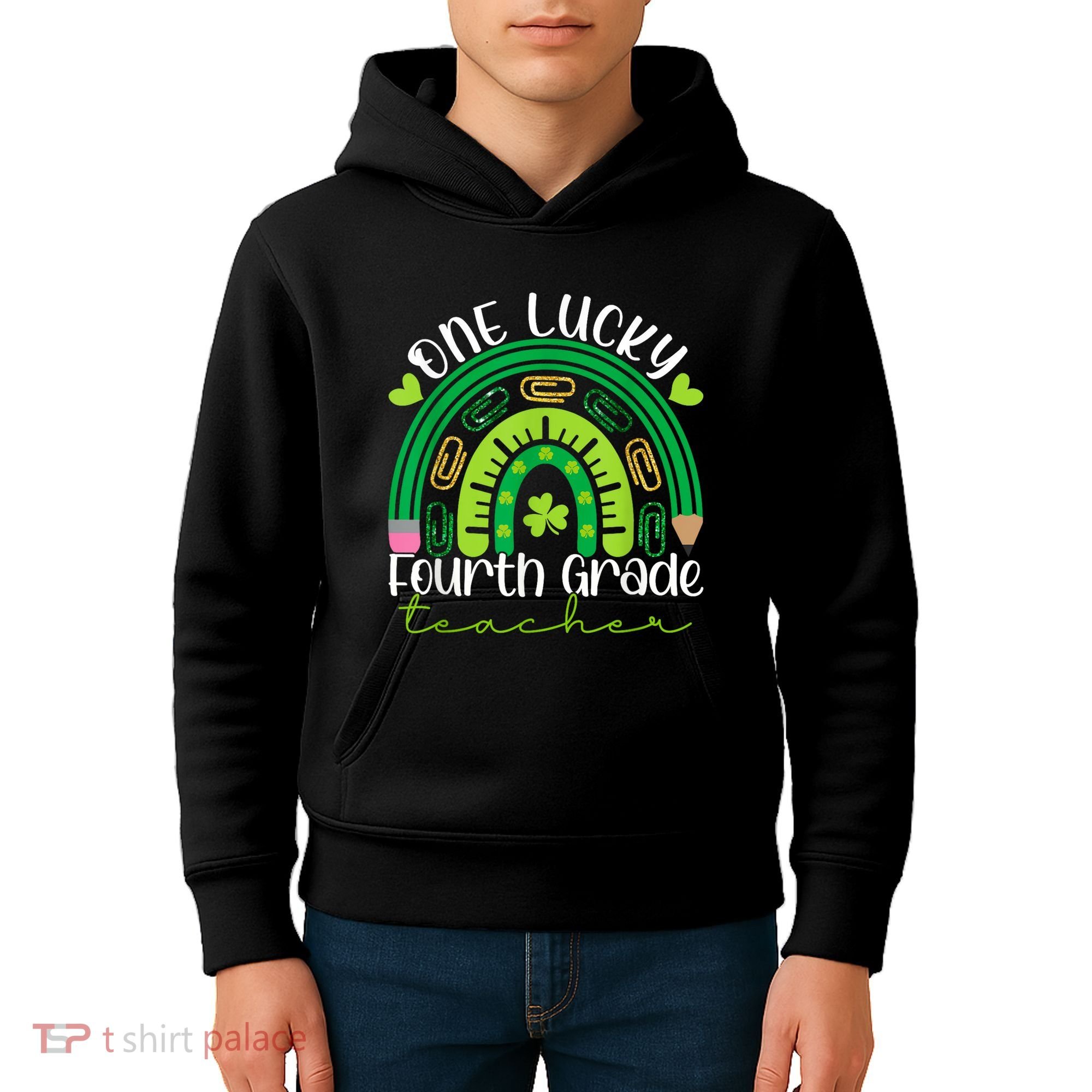 One Lucky 4th Grade Teacher Rainbow St Patrick Day Kids Hoodie