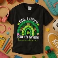 One Lucky 4th Grade Teacher Rainbow St Patrick Day Kids T-Shirt thumb 3
