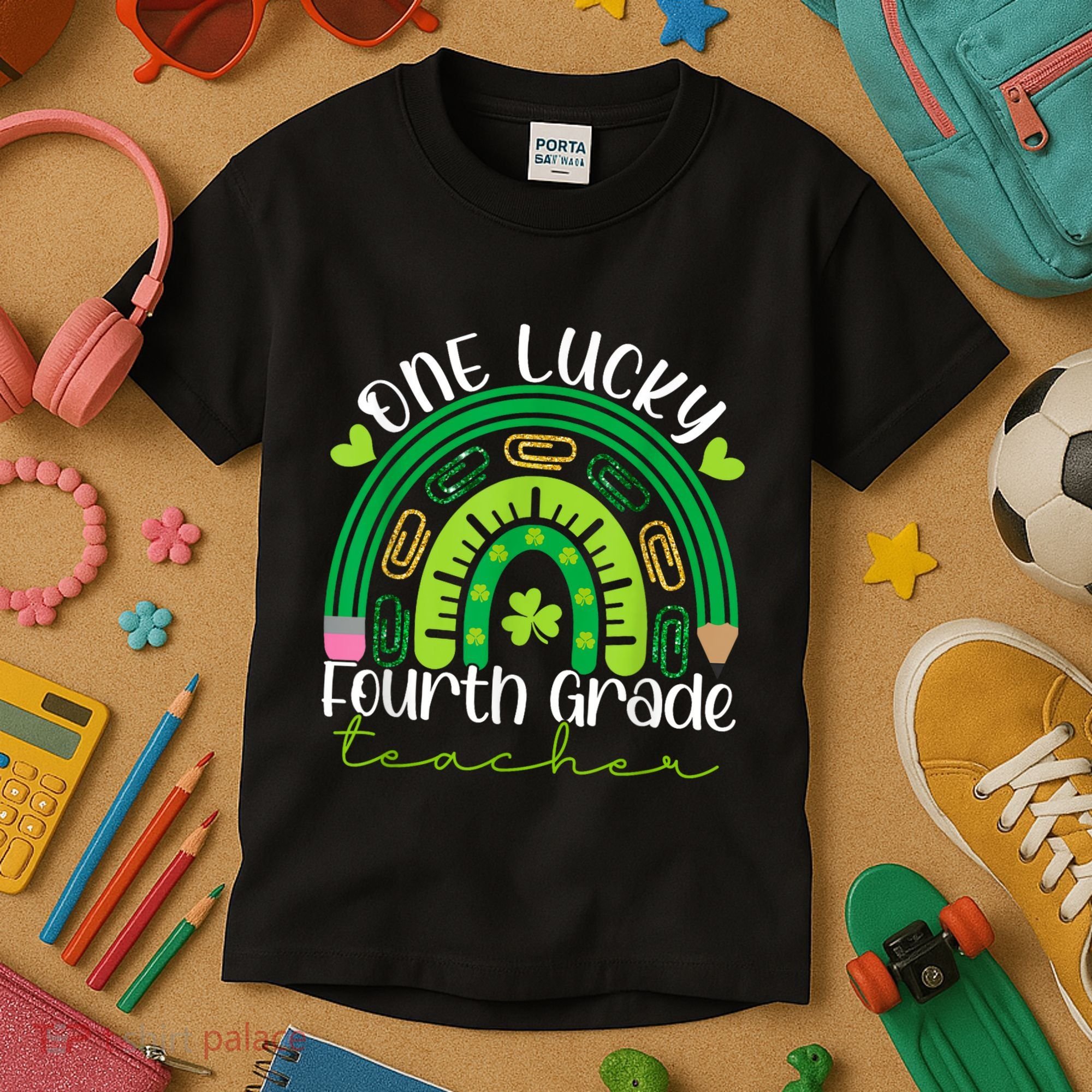 One Lucky 4th Grade Teacher Rainbow St Patrick Day Kids T-Shirt
