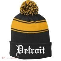 Old English Detroit D Michigan Logo Stripe Pom Pom Beanie thumb 0