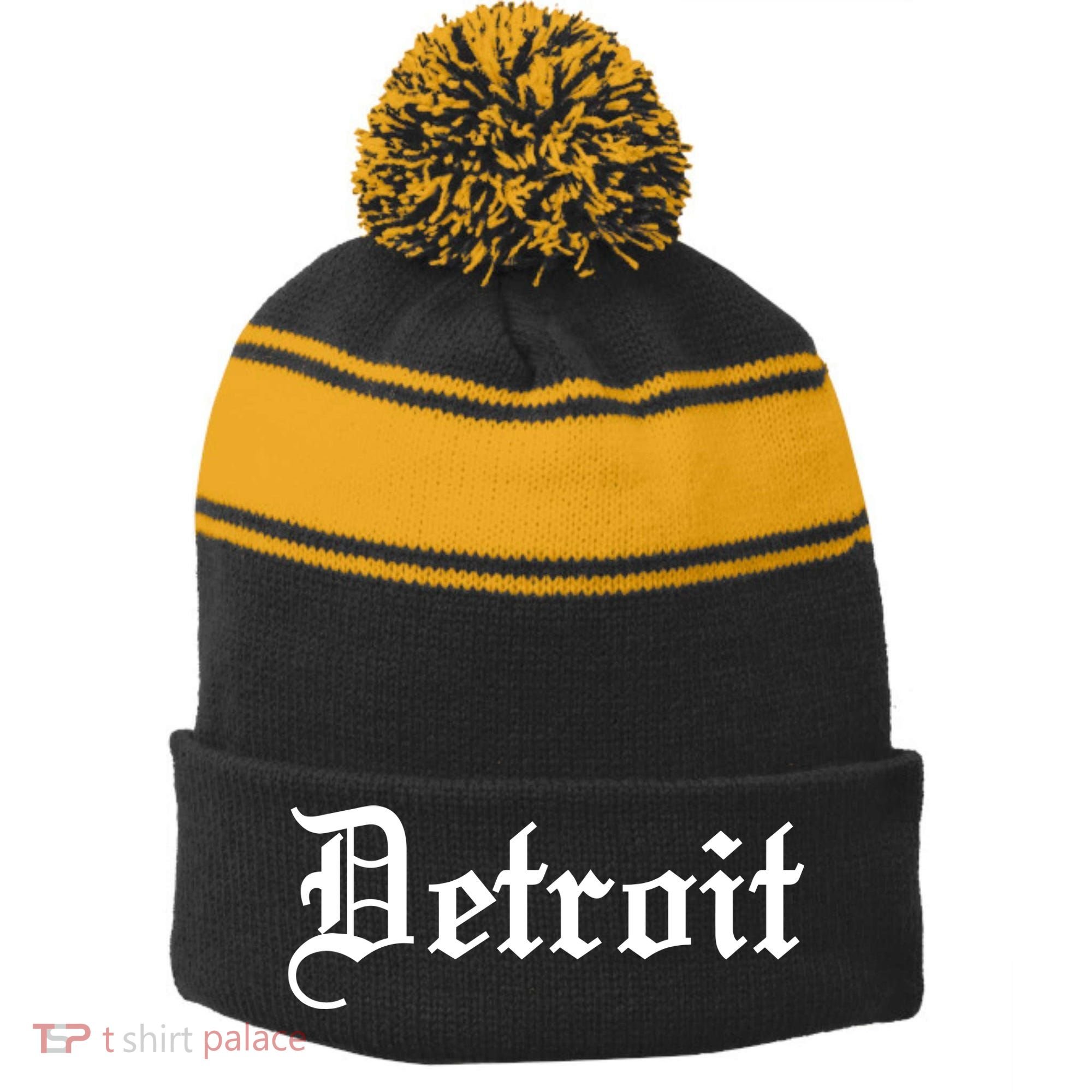 Old English Detroit D Michigan Logo Stripe Pom Pom Beanie
