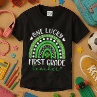 One Lucky First Grade Teacher St Patricks Day Funny Rainbow Kids T-Shirt thumb 3