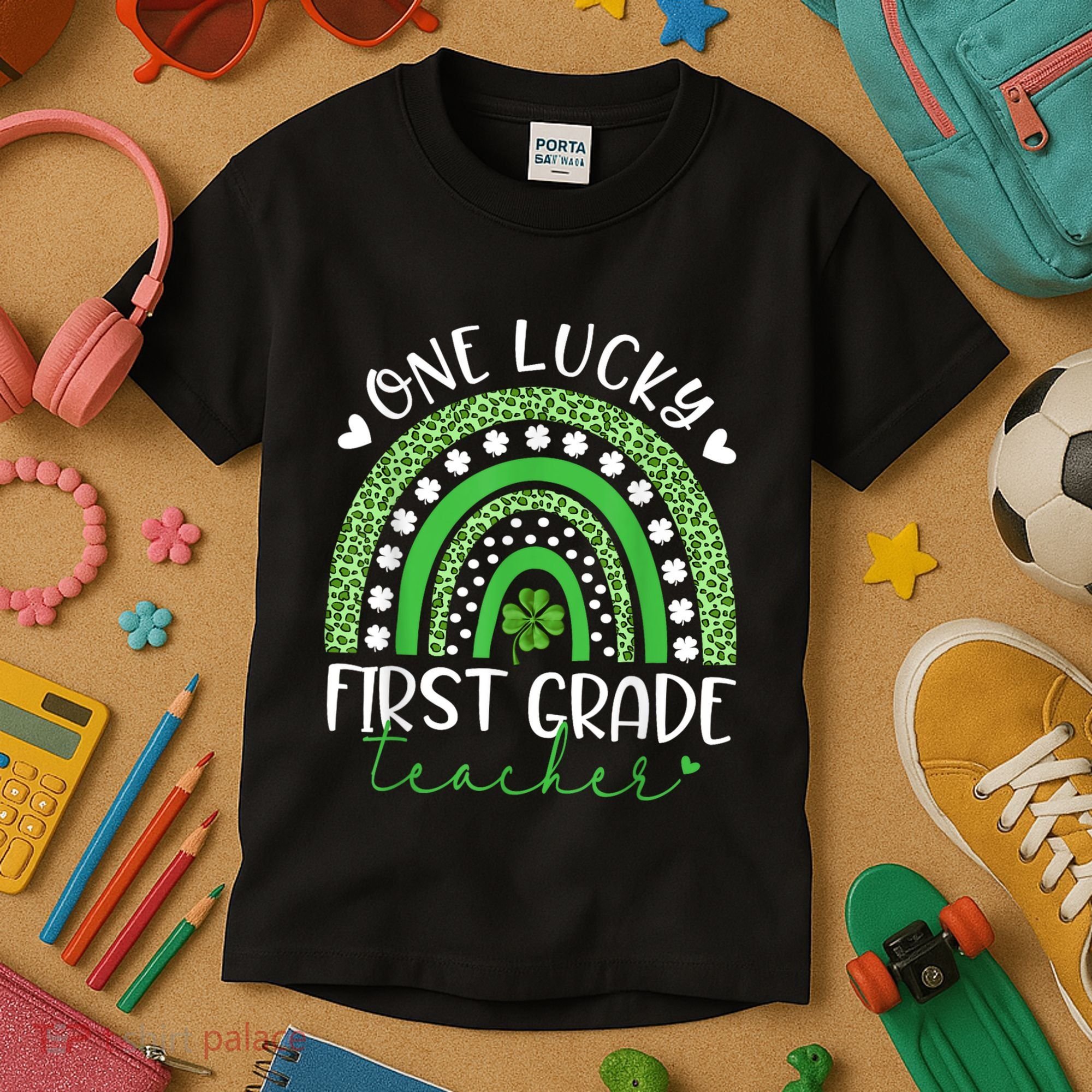One Lucky First Grade Teacher St Patricks Day Funny Rainbow Kids T-Shirt