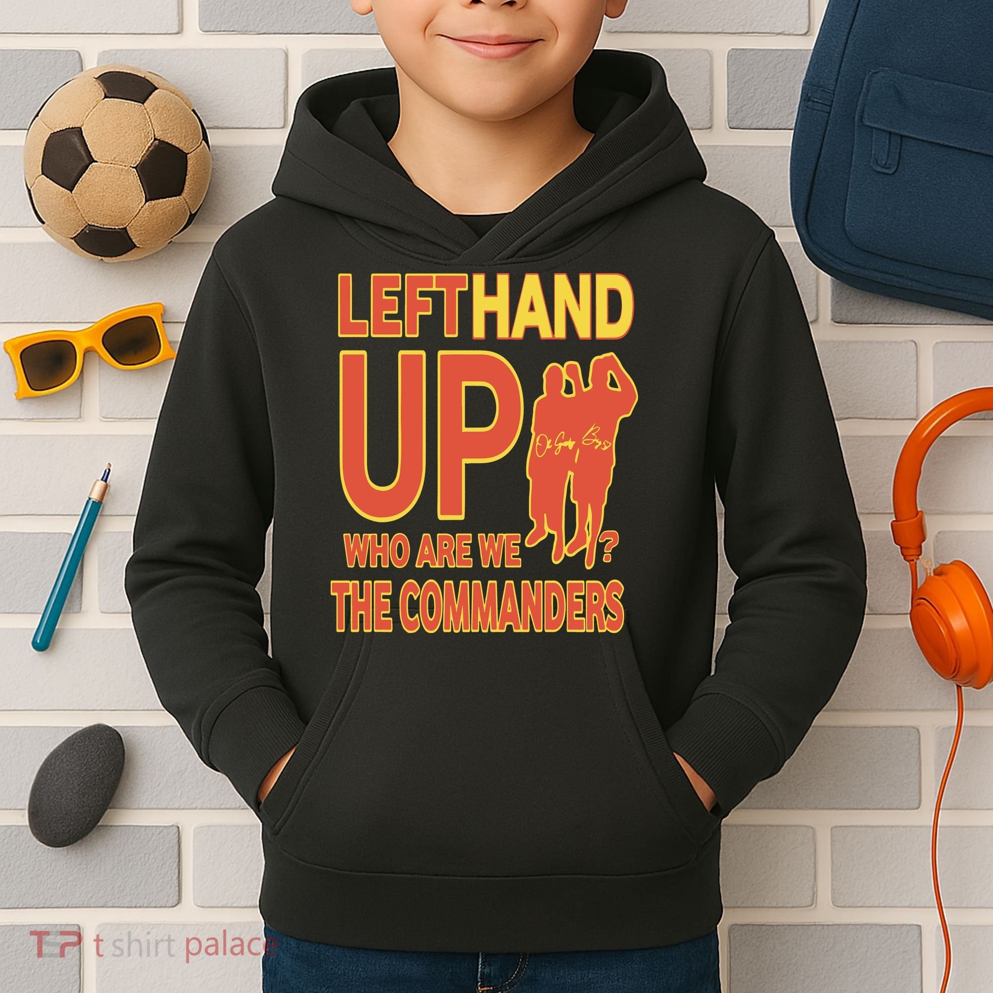 Official Left Hand Up Who Are We The Commanders Kids Hoodie