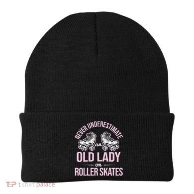 Old Lady On Roller Derby Roller Skating Roller Skate Beanie