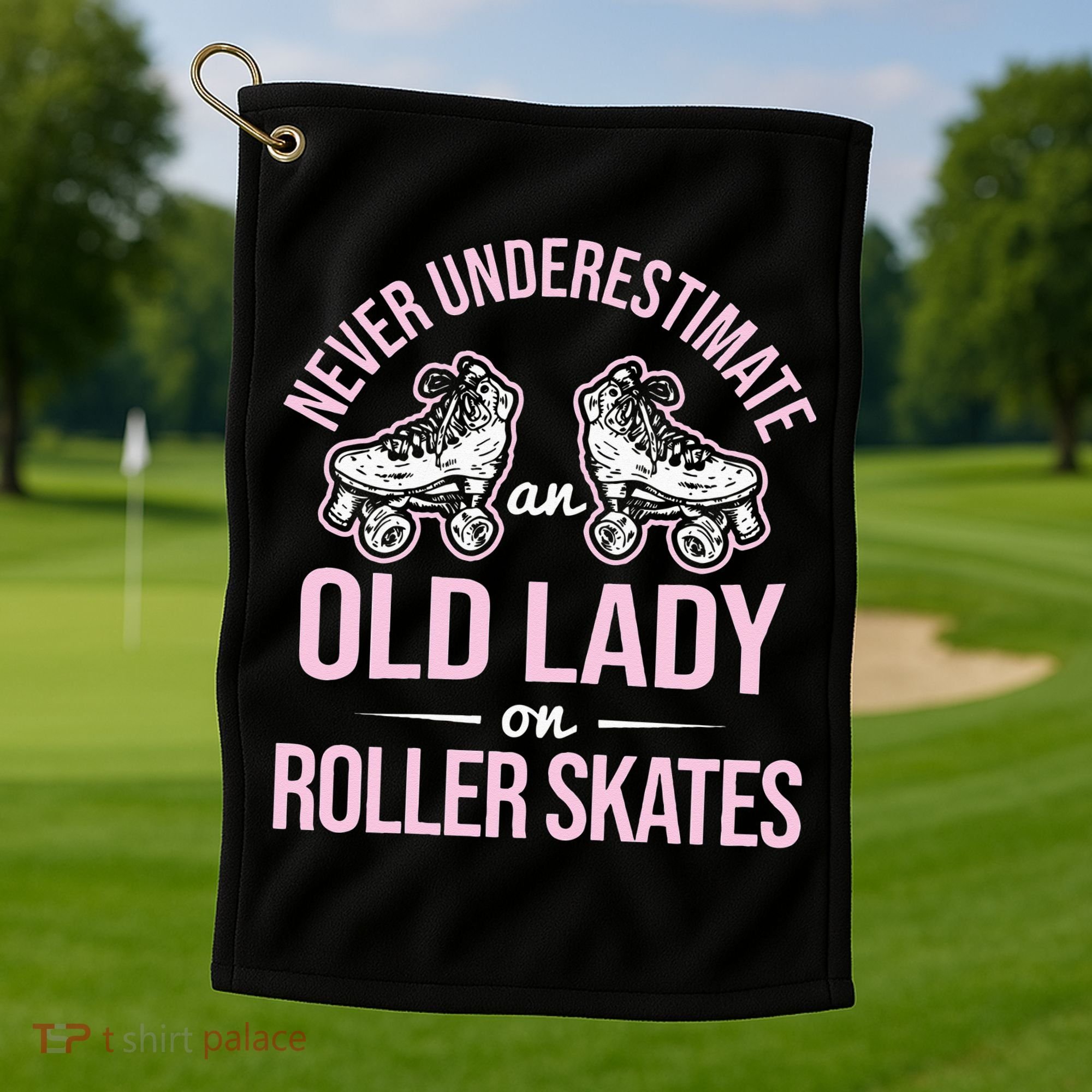 Old Lady On Roller Derby Roller Skating Roller Skate Golf Towel